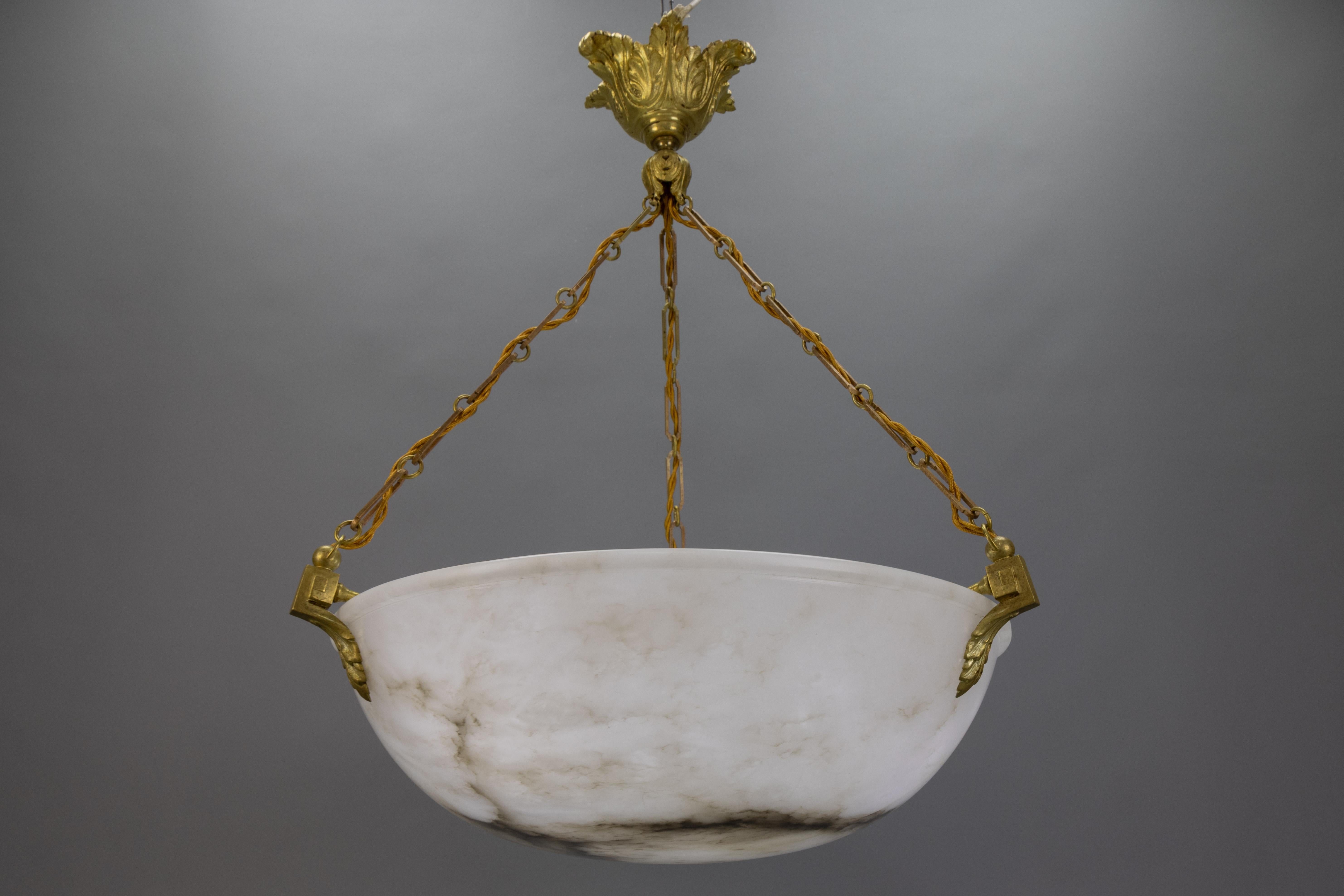 French Large White Alabaster with Black Veins & Bronze Pendant Chandelier, ca. 1920 For Sale