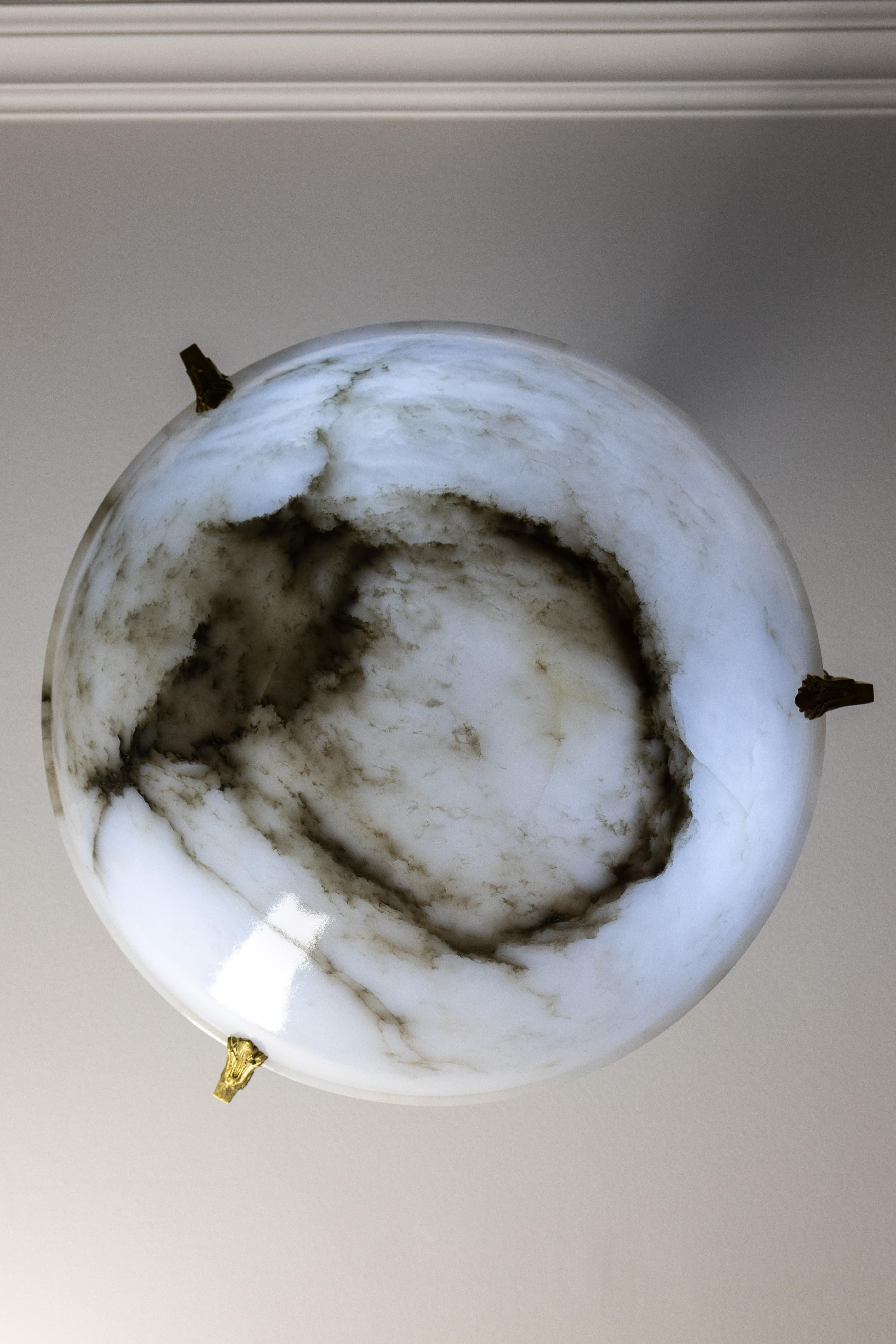 Large White Alabaster with Black Veins & Bronze Pendant Chandelier, ca. 1920 For Sale 1