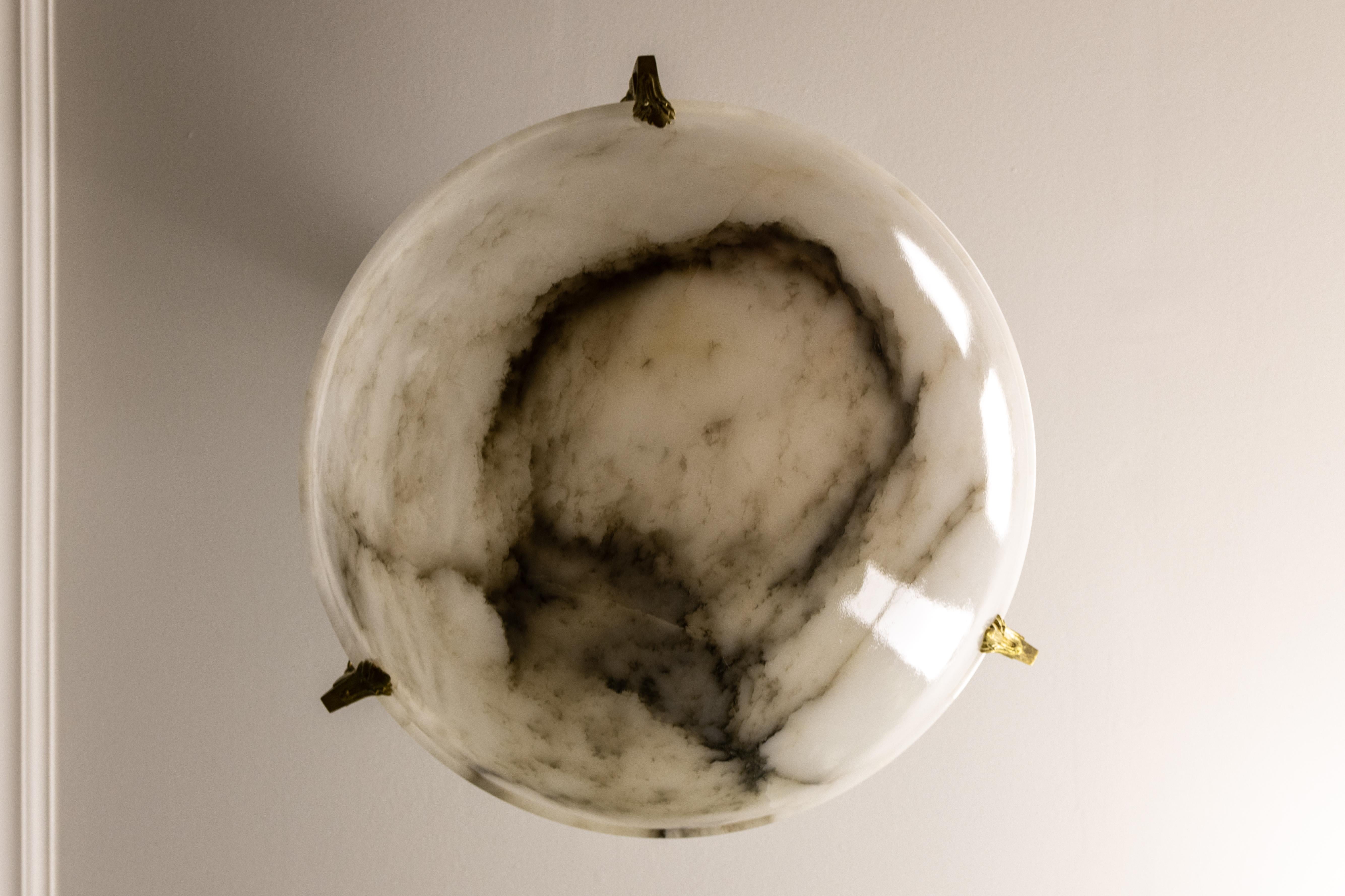 Large White Alabaster with Black Veins & Bronze Pendant Chandelier, ca. 1920 For Sale 2