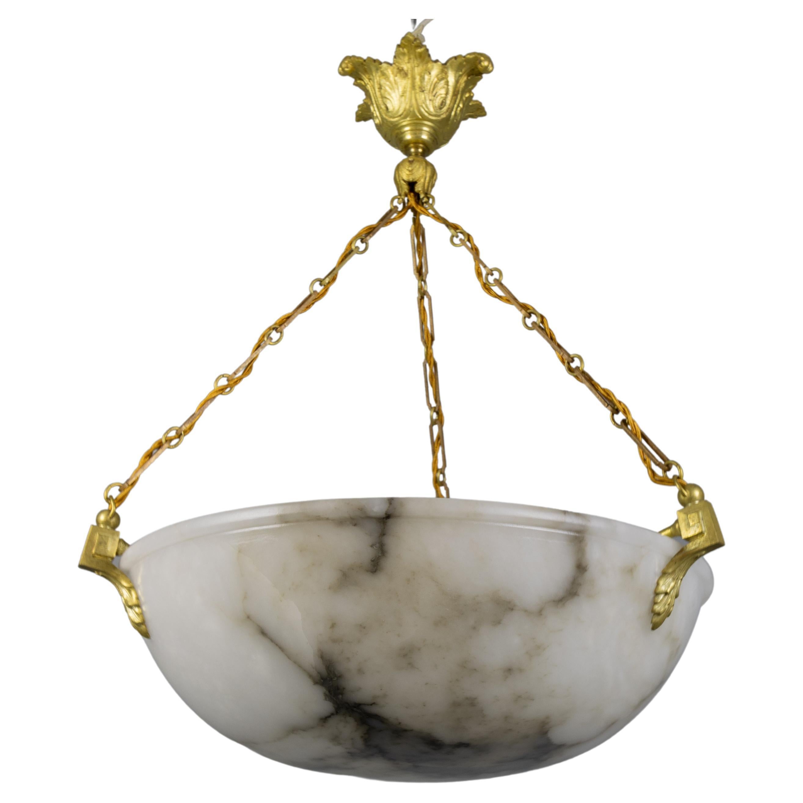 Large White Alabaster with Black Veins & Bronze Pendant Chandelier, ca. 1920