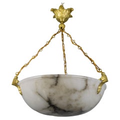 Antique Large White Alabaster with Black Veins & Bronze Pendant Chandelier, ca. 1920