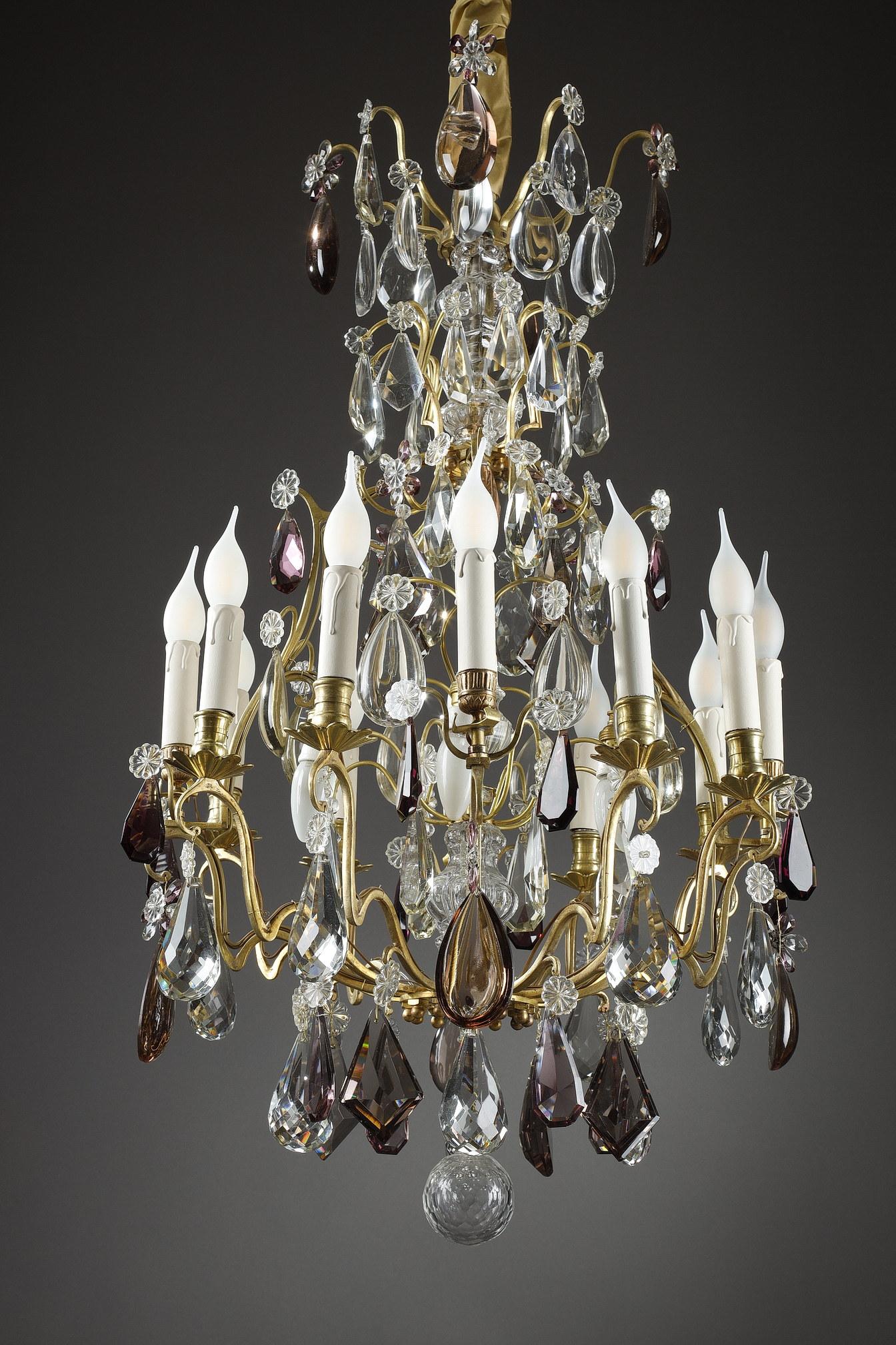 French Large White and Amethyst Crystal Chandelier, Late 19th Century