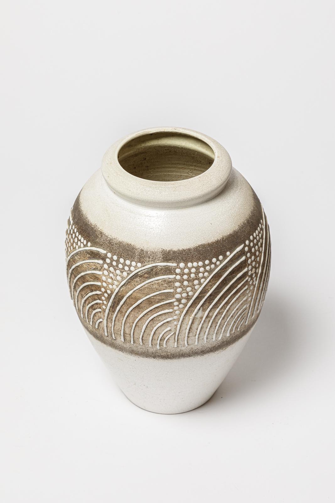 XX secolo Grande vaso in ceramica art déco bianco e nero del 1940, stile Jean Besnard 20°. in vendita