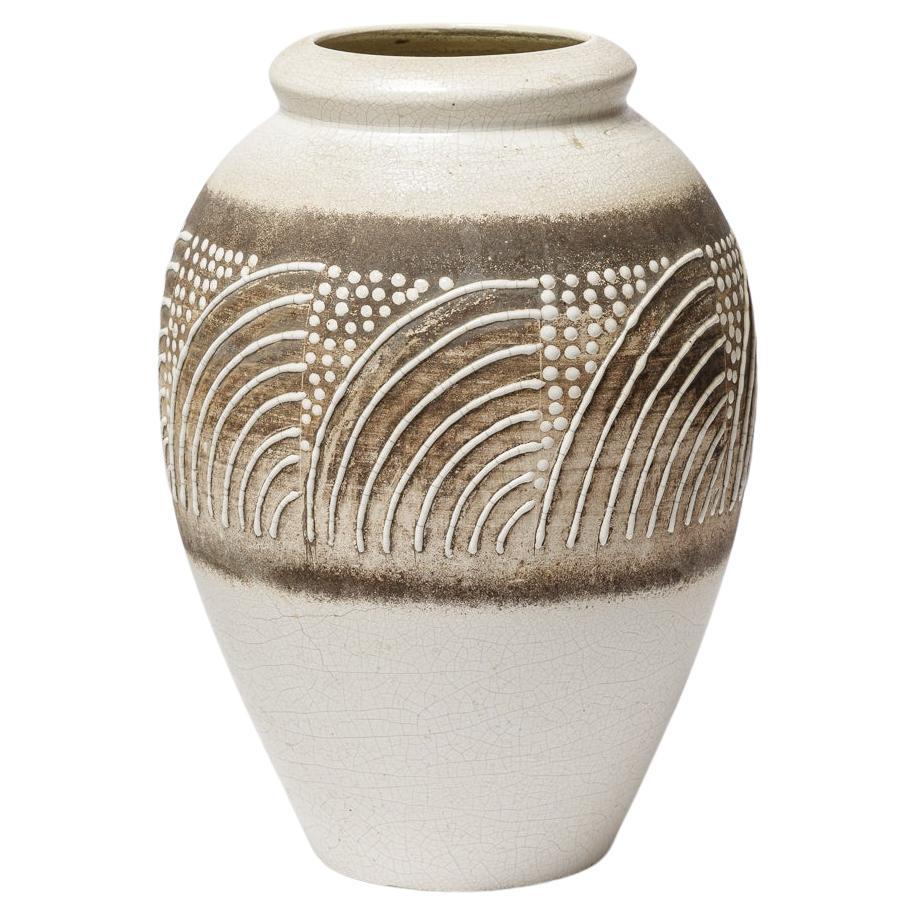 Grand vase en céramique art déco blanc et noir 1940 style Jean Besnard 20ème