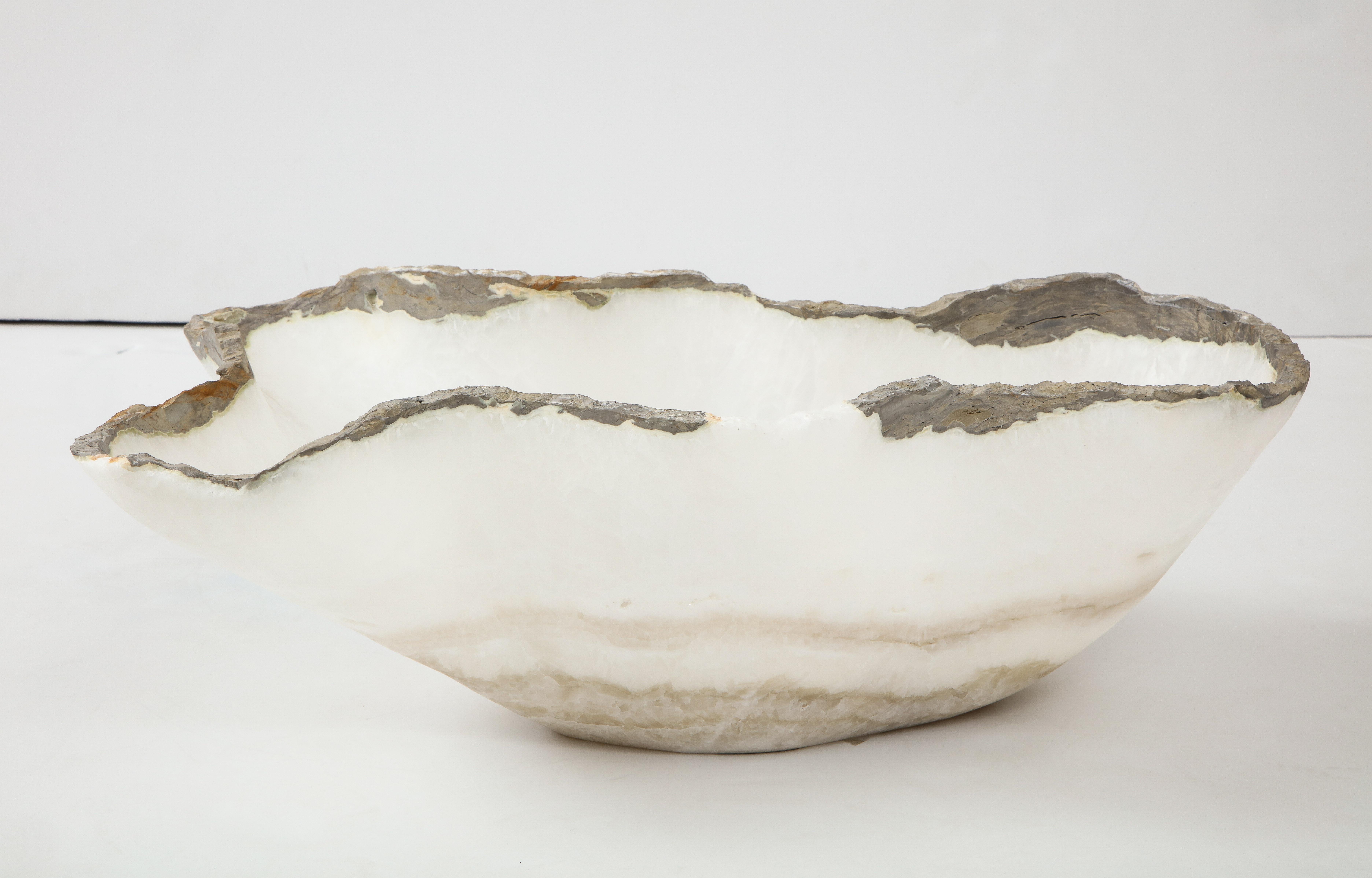 Mexican Large White and Gray Hand Carved Raw Edge Onyx Bowl or Centerpiece