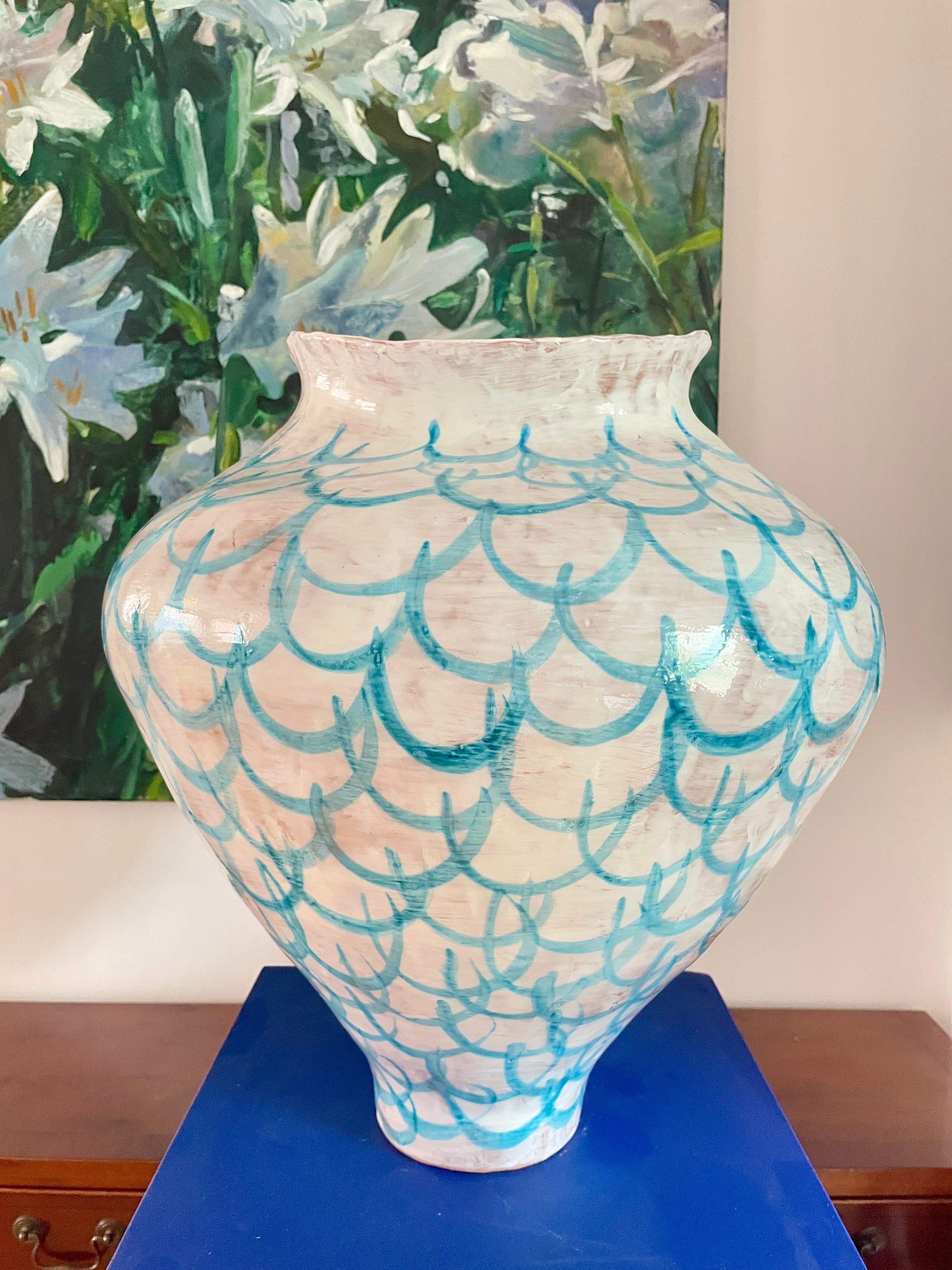 Large ceramic vase by Onofrio Acone,  glazed earthenware (majolica) unique piece hand-built and hand-painted  approx. 48 cm width  52 cm height

Onofrio Acone is a ceramic artists  based in the Amalfi Coast in the South of Italy. Onofrio creates