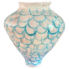 Large white and light blue coiled majolica vase hand-painted Italy contemporary