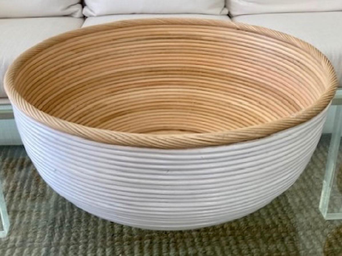 Beautiful large white and natural rattan center piece. We have two of these pieces available in stock, additionally we have another pair in smaller size so collect all!