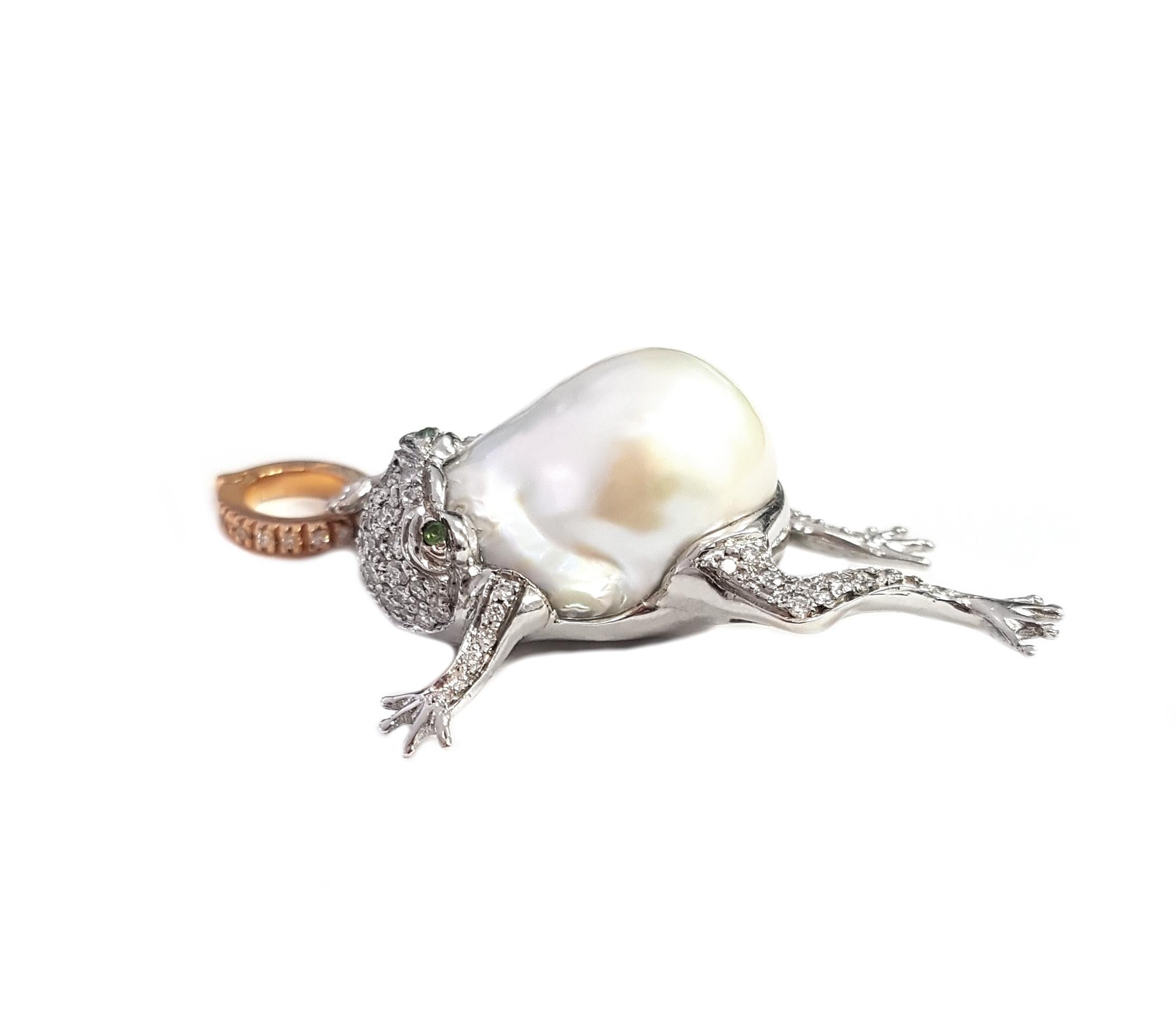 Round Cut Leaping Frog Pendant in Australian Pearl, Diamond and 18-Karat White Gold 