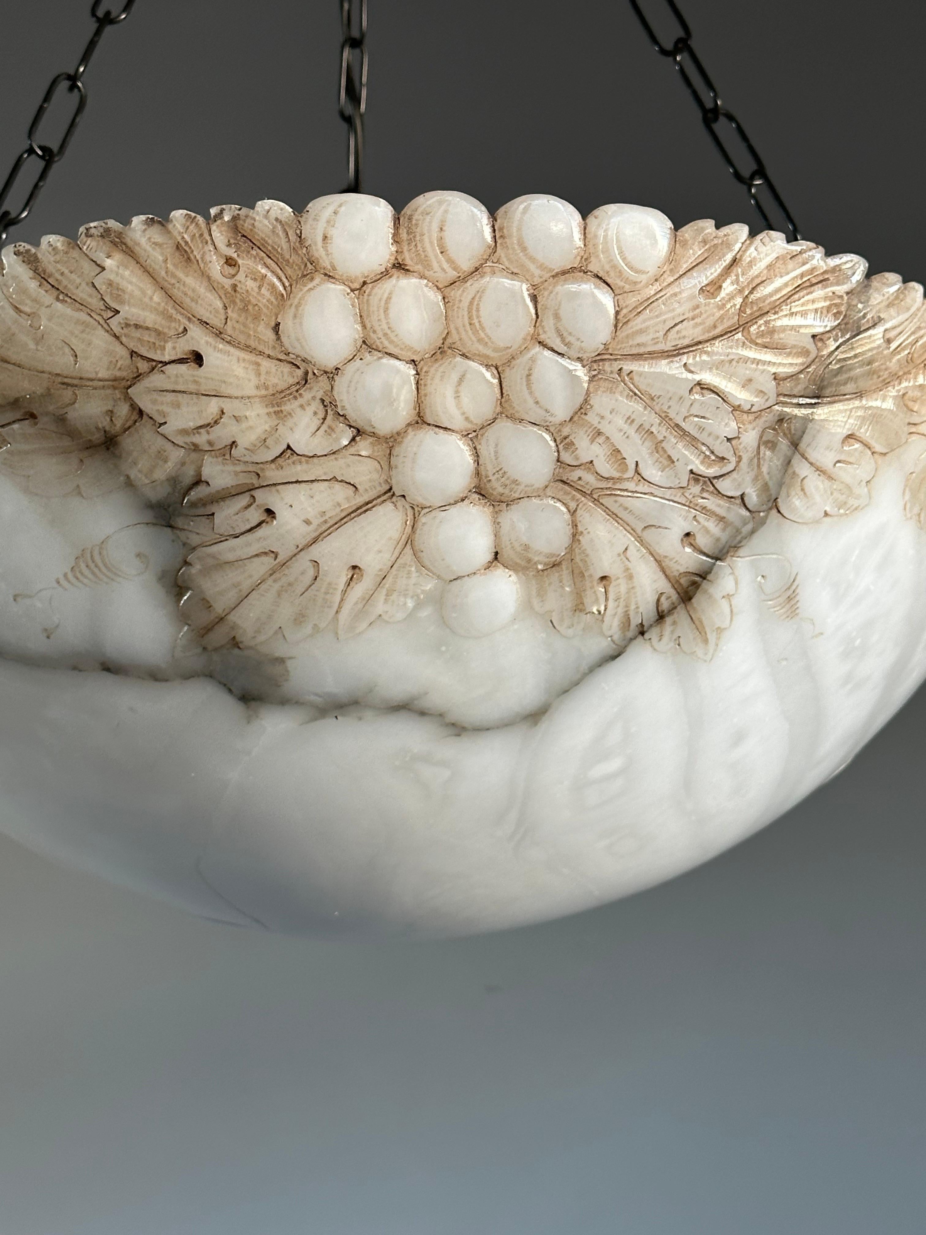 Large White & Black Alabaster Pendant & Canopy with Carved Acorn Bunches & Leafs 5