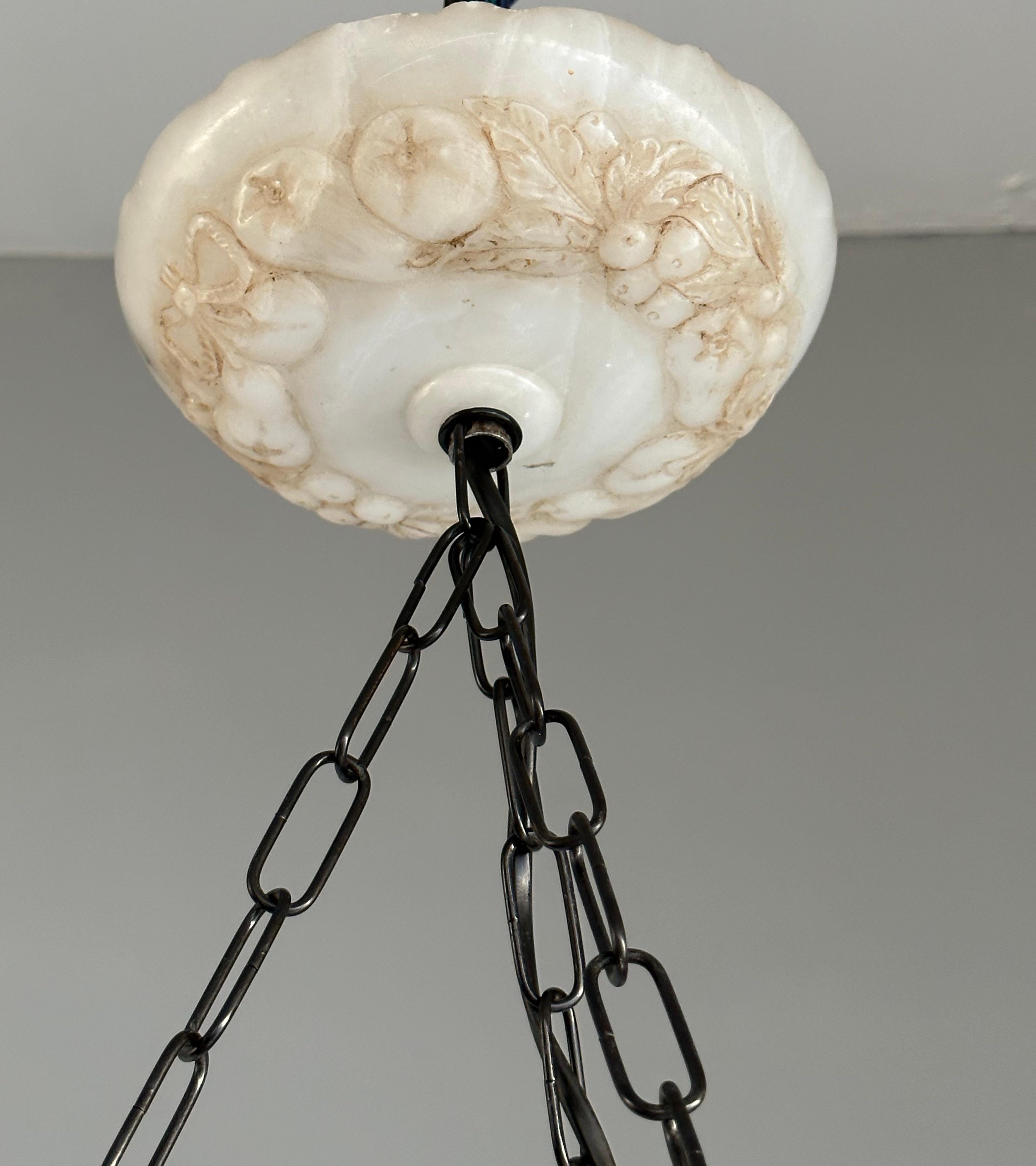 French Large White & Black Alabaster Pendant & Canopy with Carved Acorn Bunches & Leafs