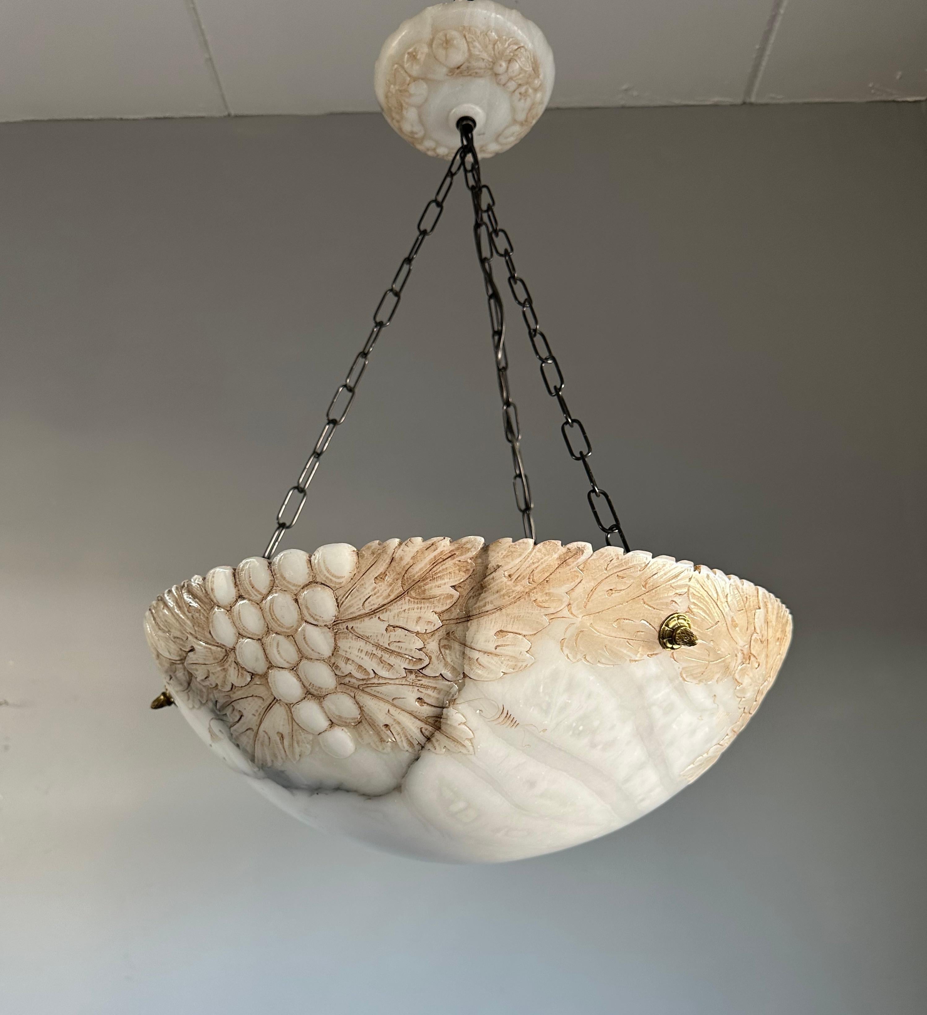 20th Century Large White & Black Alabaster Pendant & Canopy with Carved Acorn Bunches & Leafs