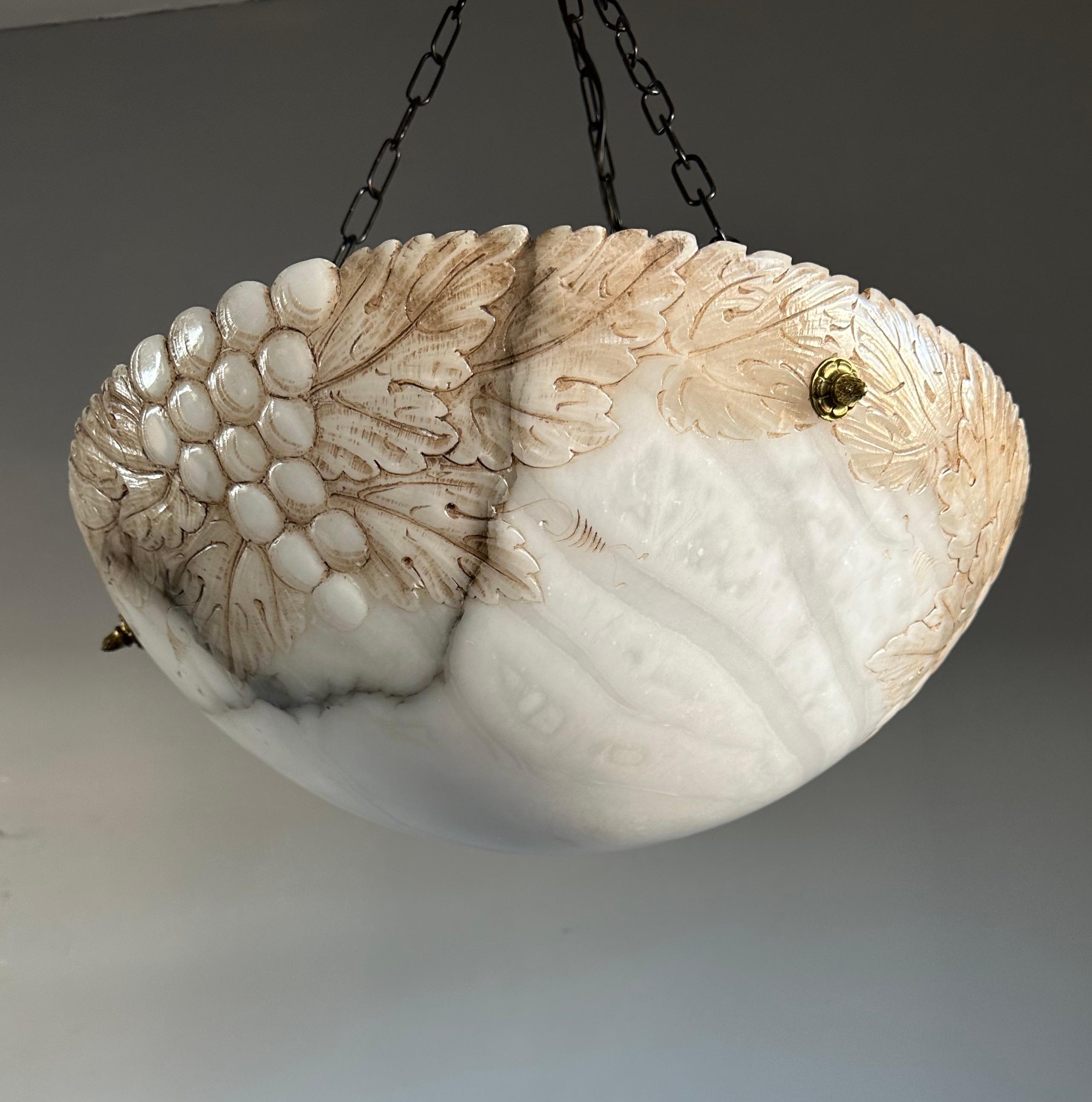Arts and Crafts Large White & Black Alabaster Pendant & Canopy with Carved Acorn Bunches & Leafs