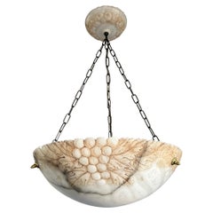 Large White & Black Alabaster Pendant & Canopy with Carved Acorn Bunches & Leafs