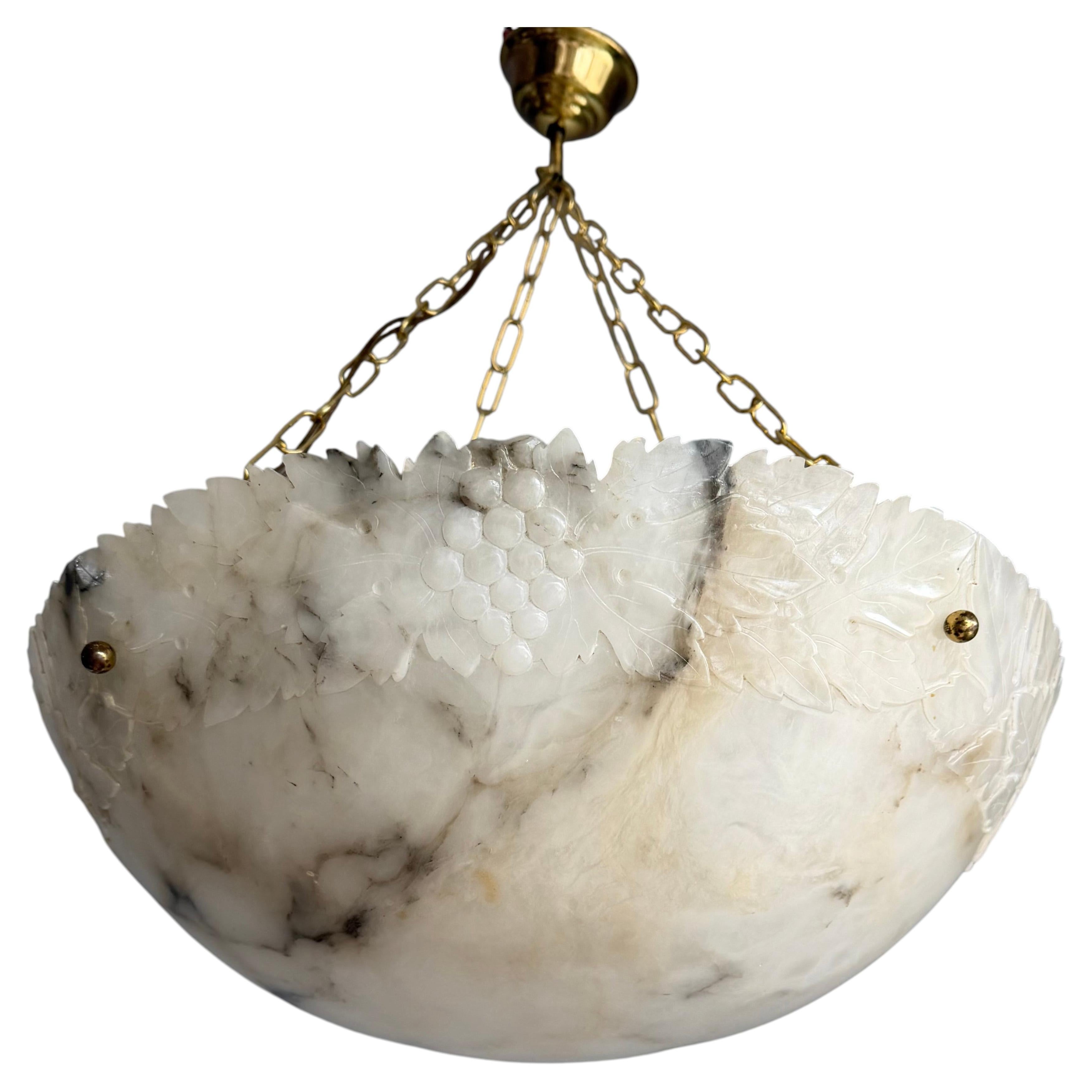 Large White & Black Alabaster Pendant Light w Carved Grape Bunches & Vine Leaves For Sale