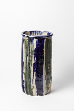 Grand vase de sol en céramique blanche et bleue de Jean Talbot La Borne, vers 1940