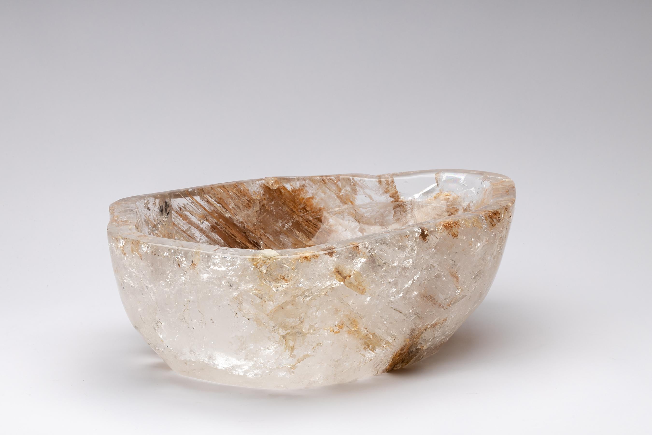Mexican Large White Brazilian Quartz with Oxide Inclusions Bowl in Organic Shape