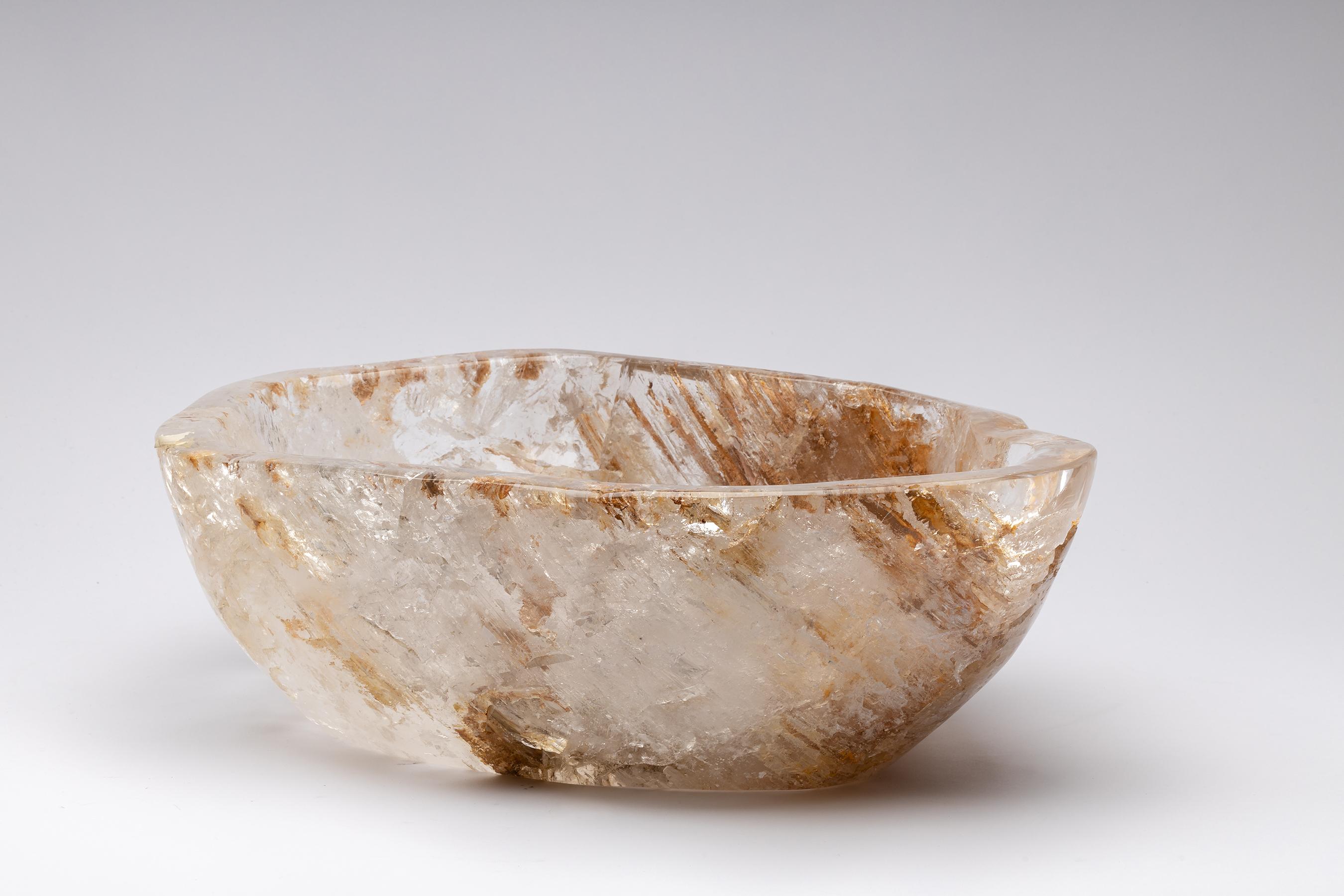 Polished Large White Brazilian Quartz with Oxide Inclusions Bowl in Organic Shape