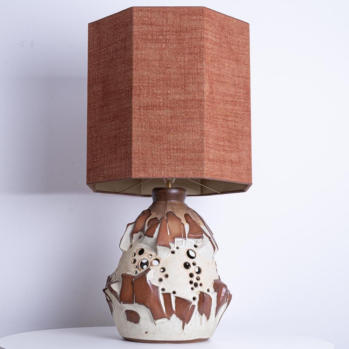 Large White Brique Ceramic Floor Table Lamp, Octagonal Lampshade by R. Houben For Sale 4