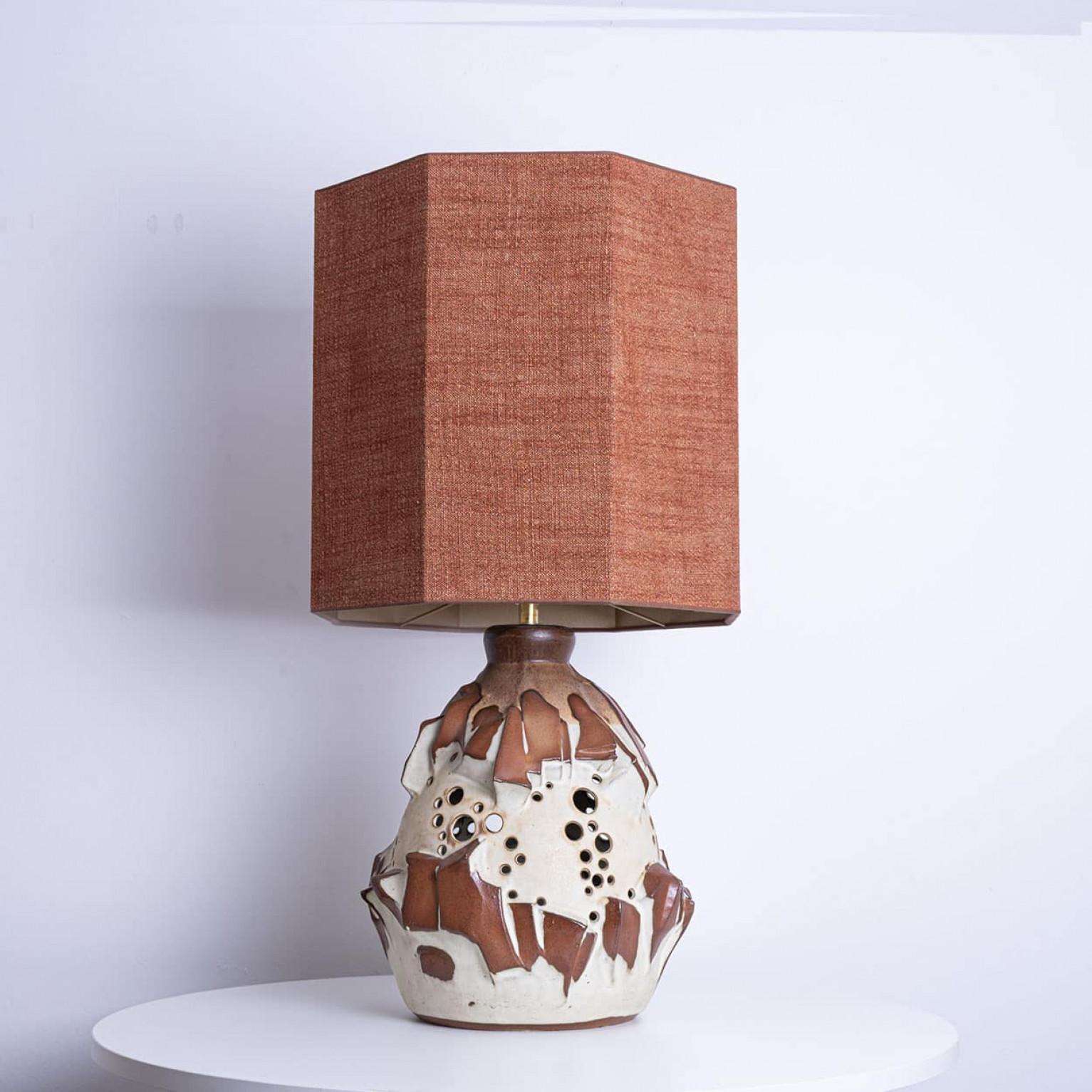 Large White Brique Ceramic Floor Table Lamp, Octagonal Lampshade by R. Houben For Sale 5