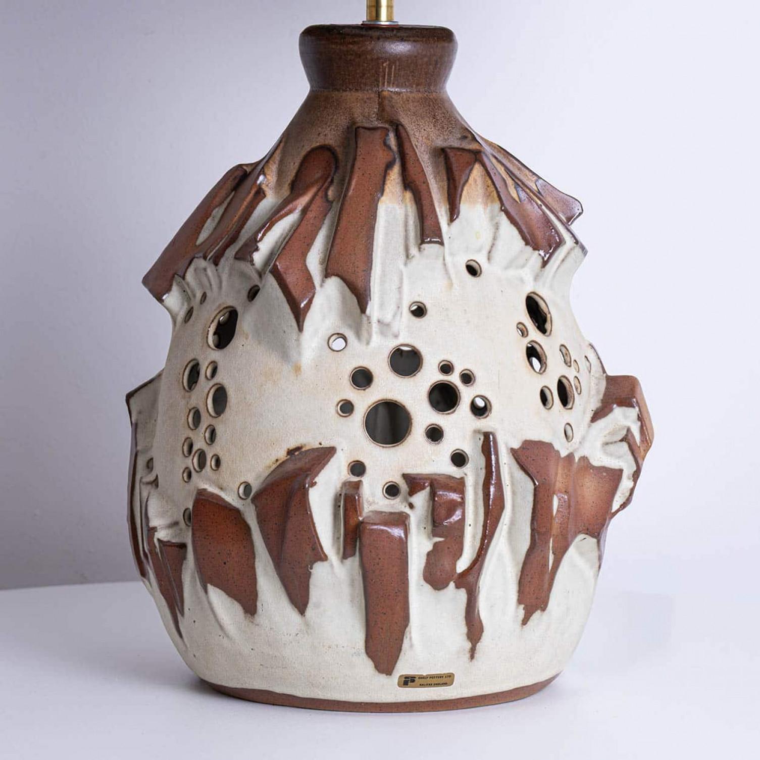 Danish Large White Brique Ceramic Floor Table Lamp, Octagonal Lampshade by R. Houben For Sale