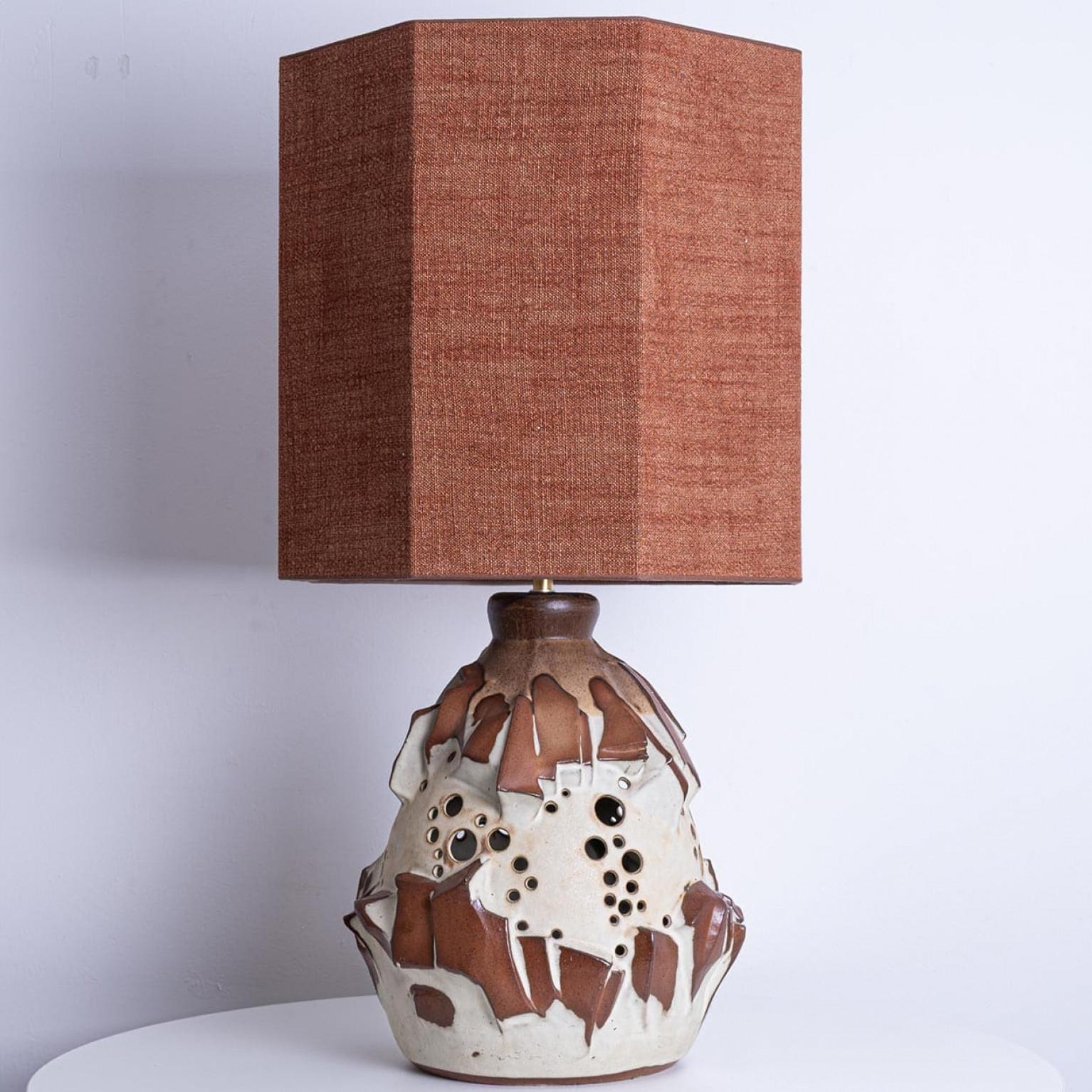 Large White Brique Ceramic Floor Table Lamp, Octagonal Lampshade by R. Houben For Sale 2