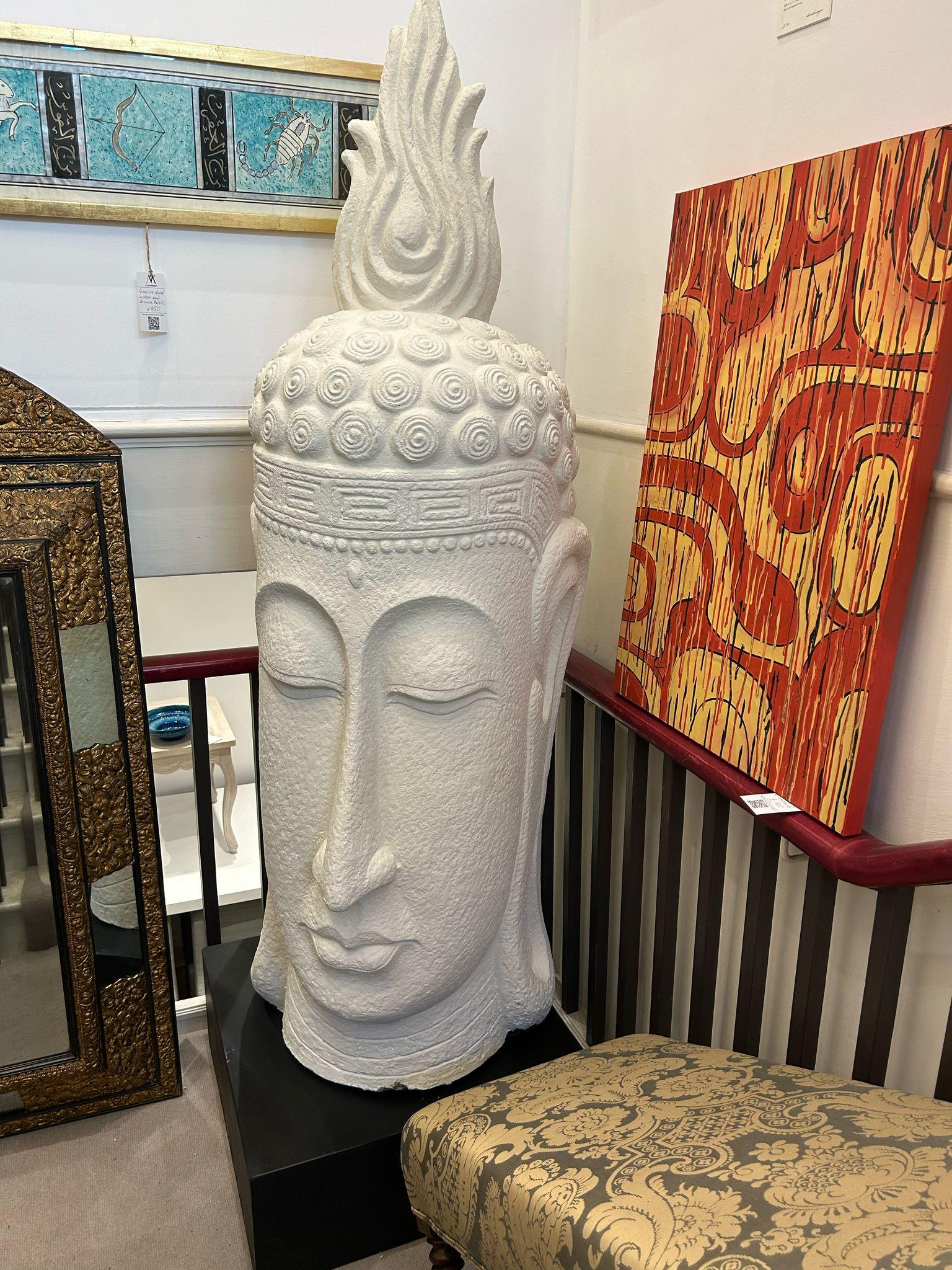 Indian Large White Buddha Head Sculptures On Stand For Sale