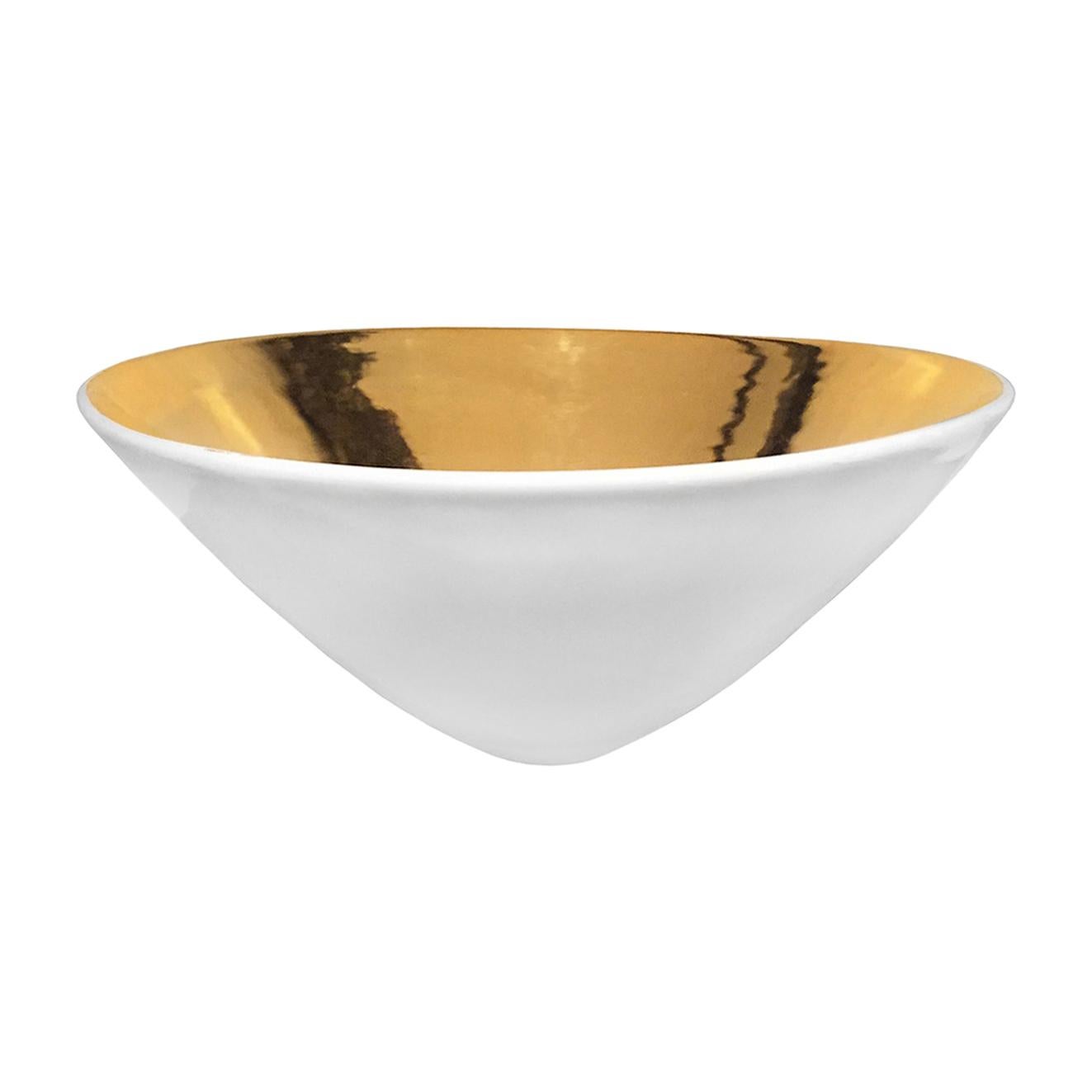 Large White Ceramic Bowl with Polished 22k Gold Glaze Interior by Sandi Fellman