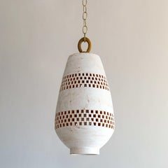 Large White Ceramic Pendant Light, Natural Brass, Ajedrez Atzompa Collection