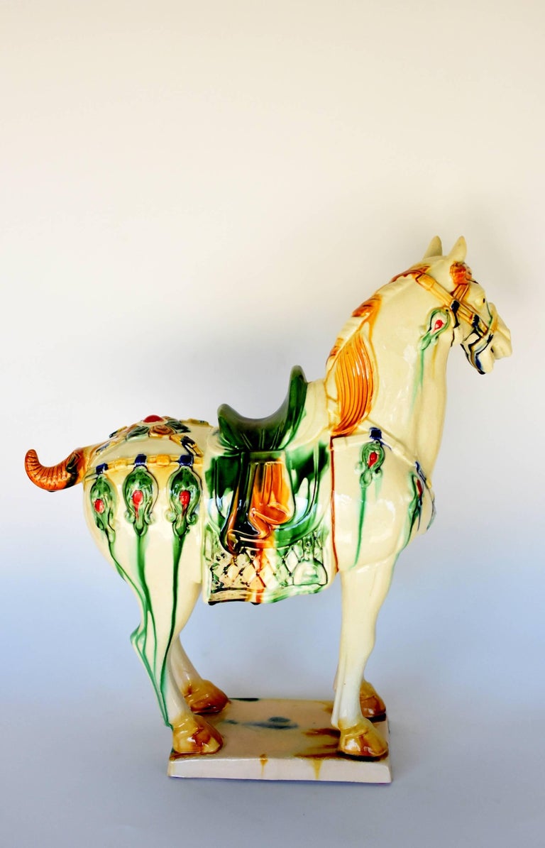Large White Chinese Pottery Horse, with Red Jewels For Sale 5