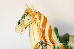 Large White Chinese Pottery Horse with Red Jewels