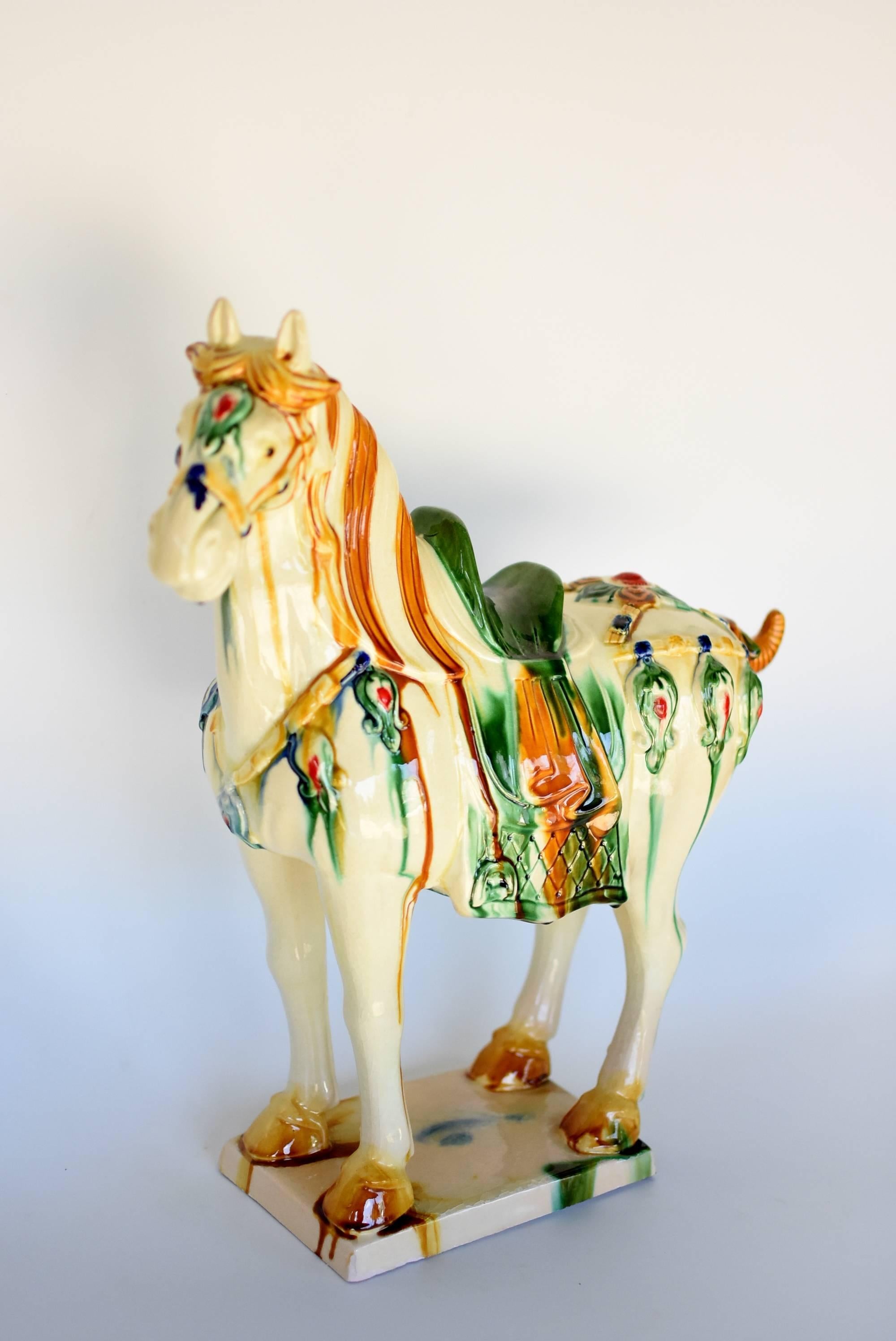 Glazed Large White Chinese Pottery Horse with Red Jewels