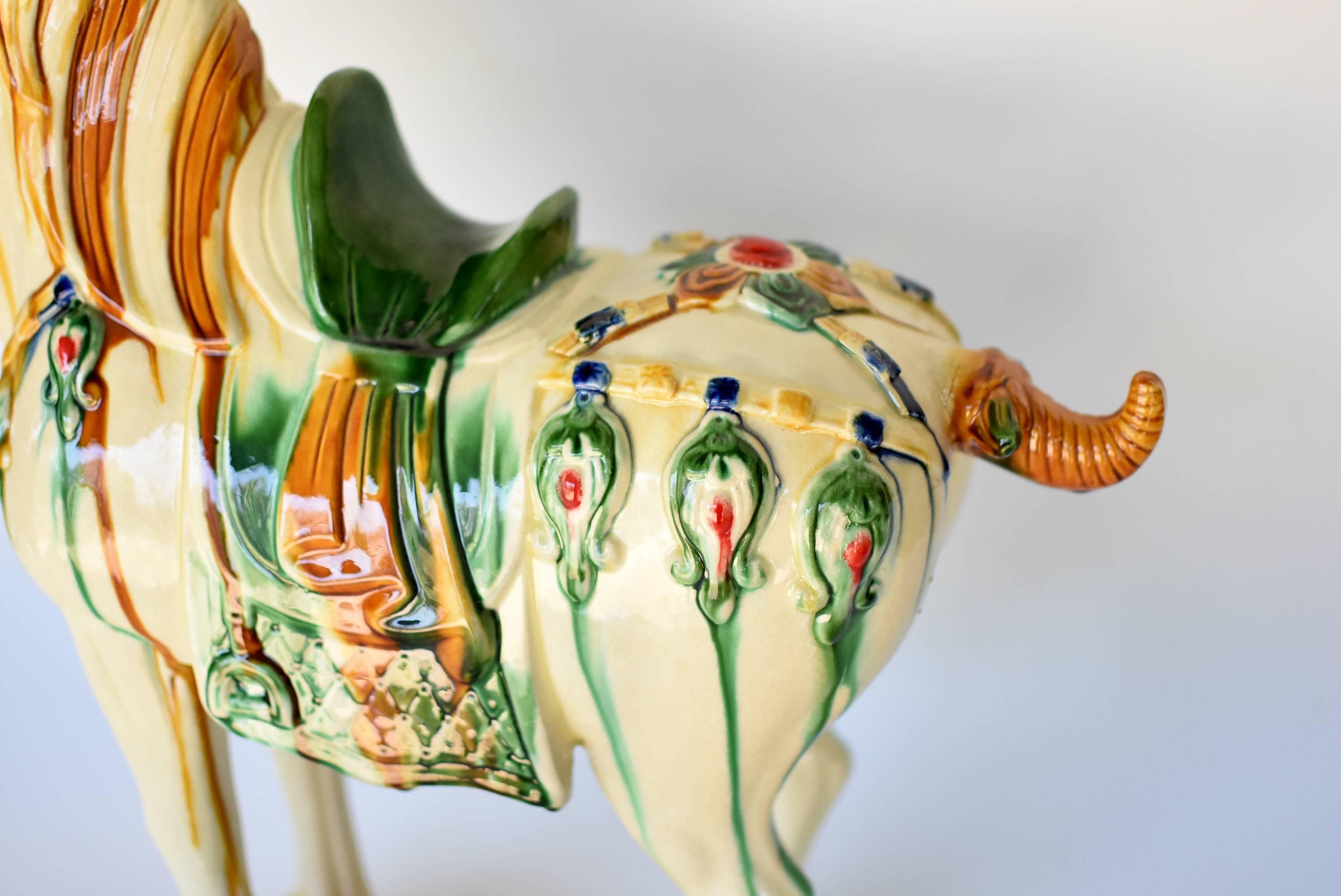 Large White Chinese Pottery Horse with Red Jewels In Excellent Condition In Somis, CA