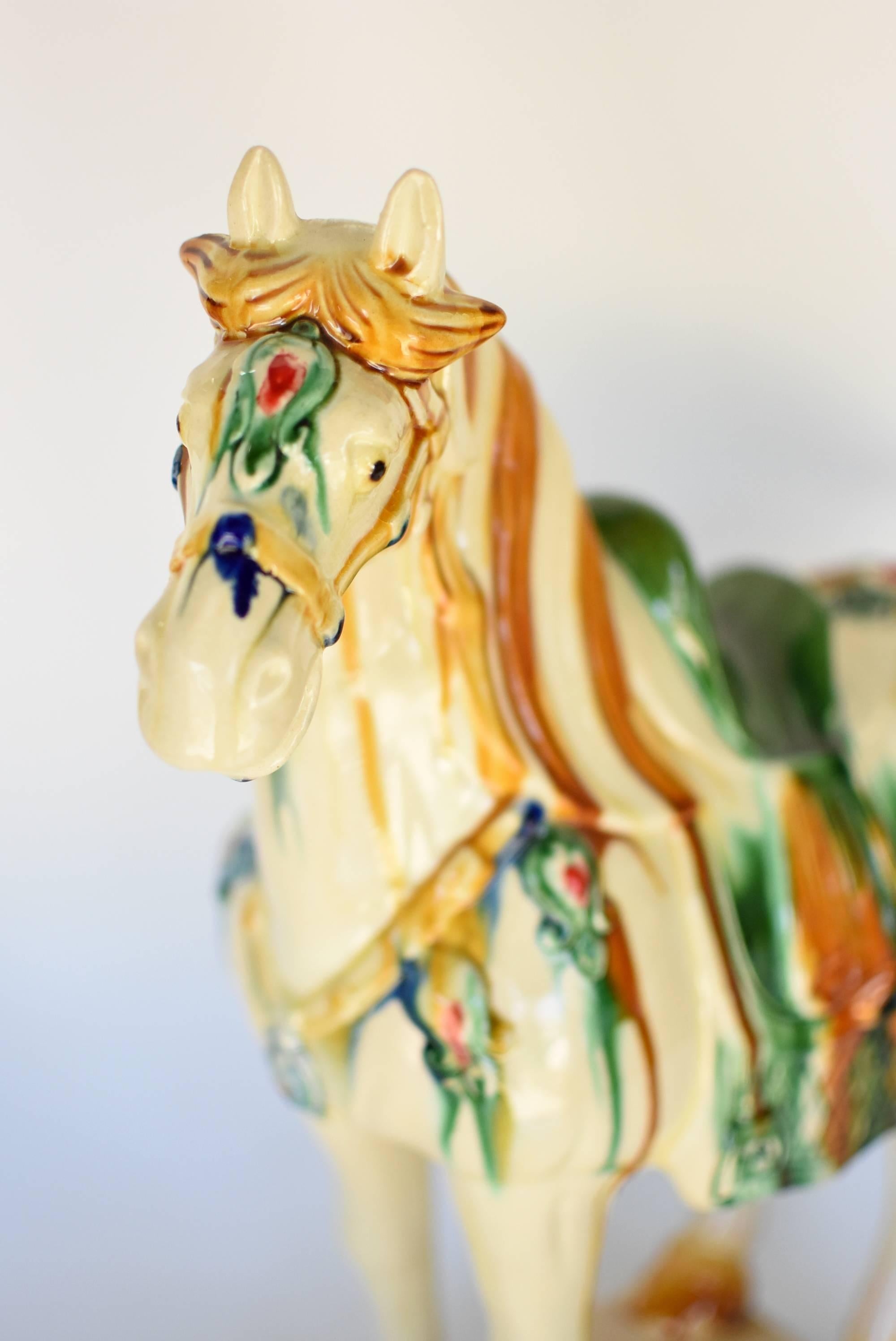 Contemporary Large White Chinese Pottery Horse with Red Jewels