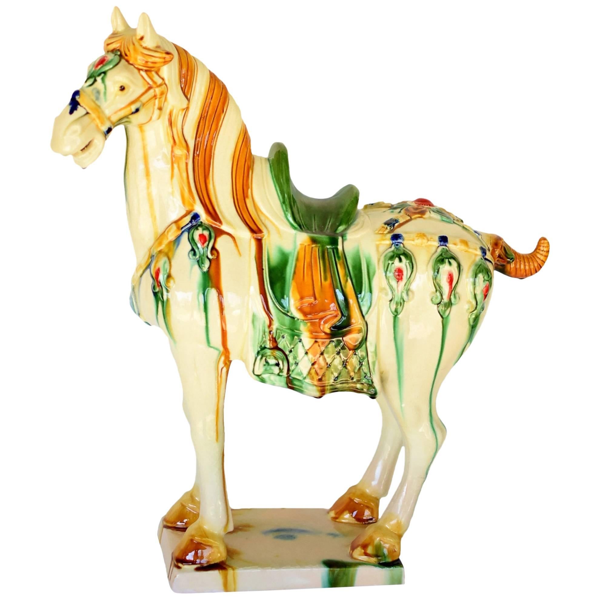 Large White Chinese Pottery Horse, with Red Jewels