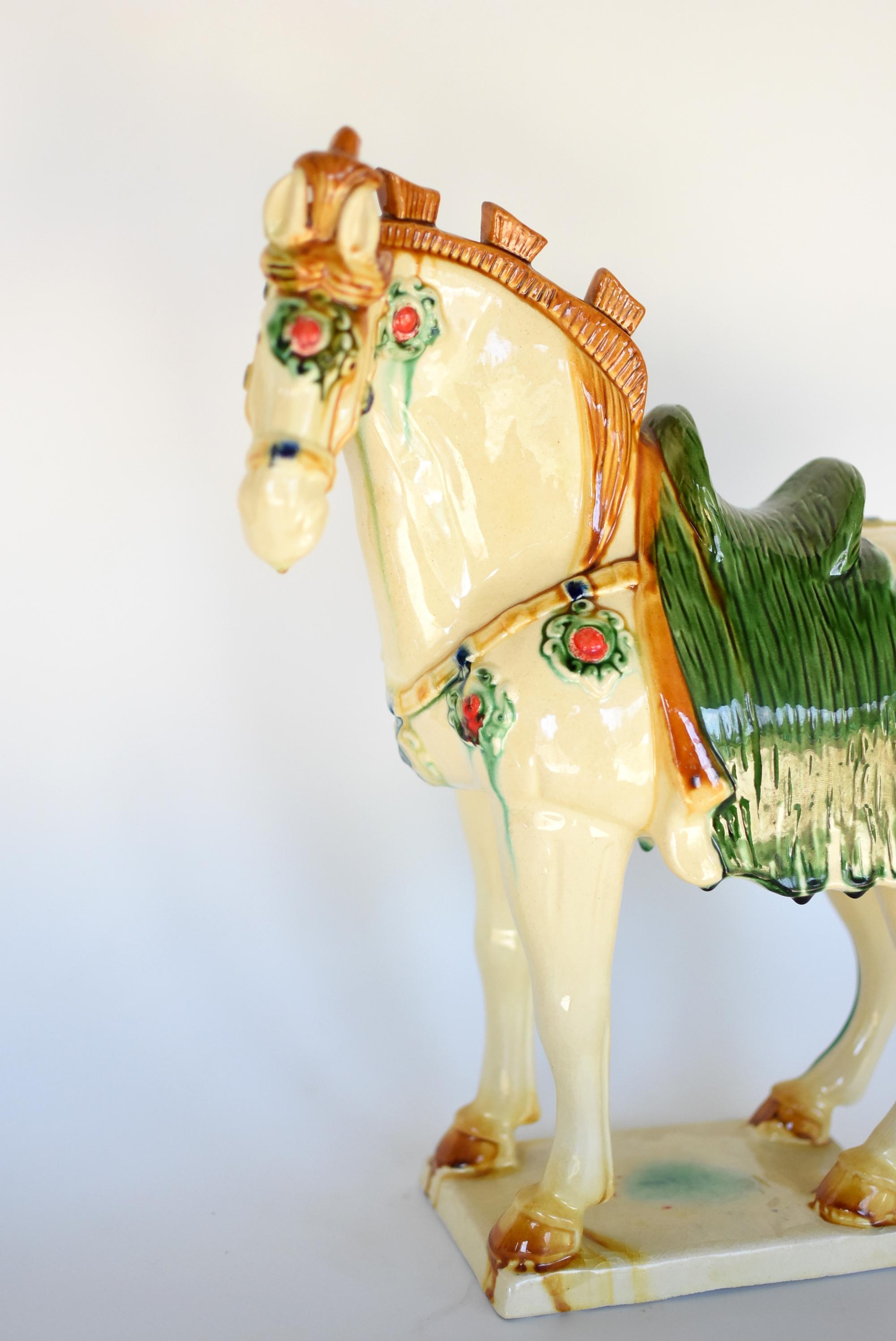 Contemporary Large White Chinese Pottery Horse with Ruby Colored Studs