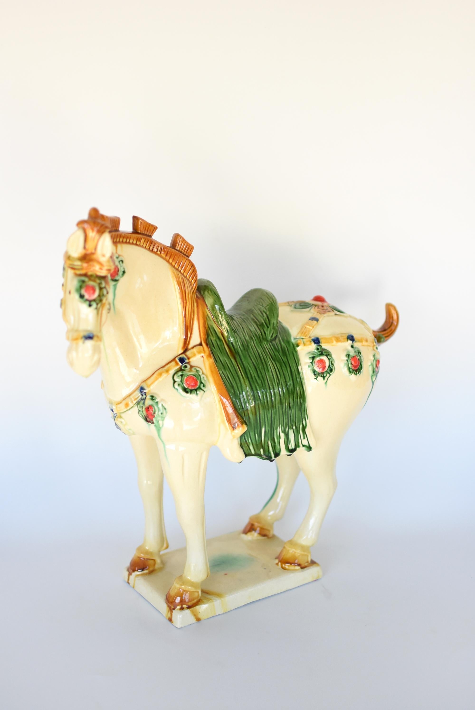 Terracotta Large White Chinese Pottery Horse with Ruby Colored Studs