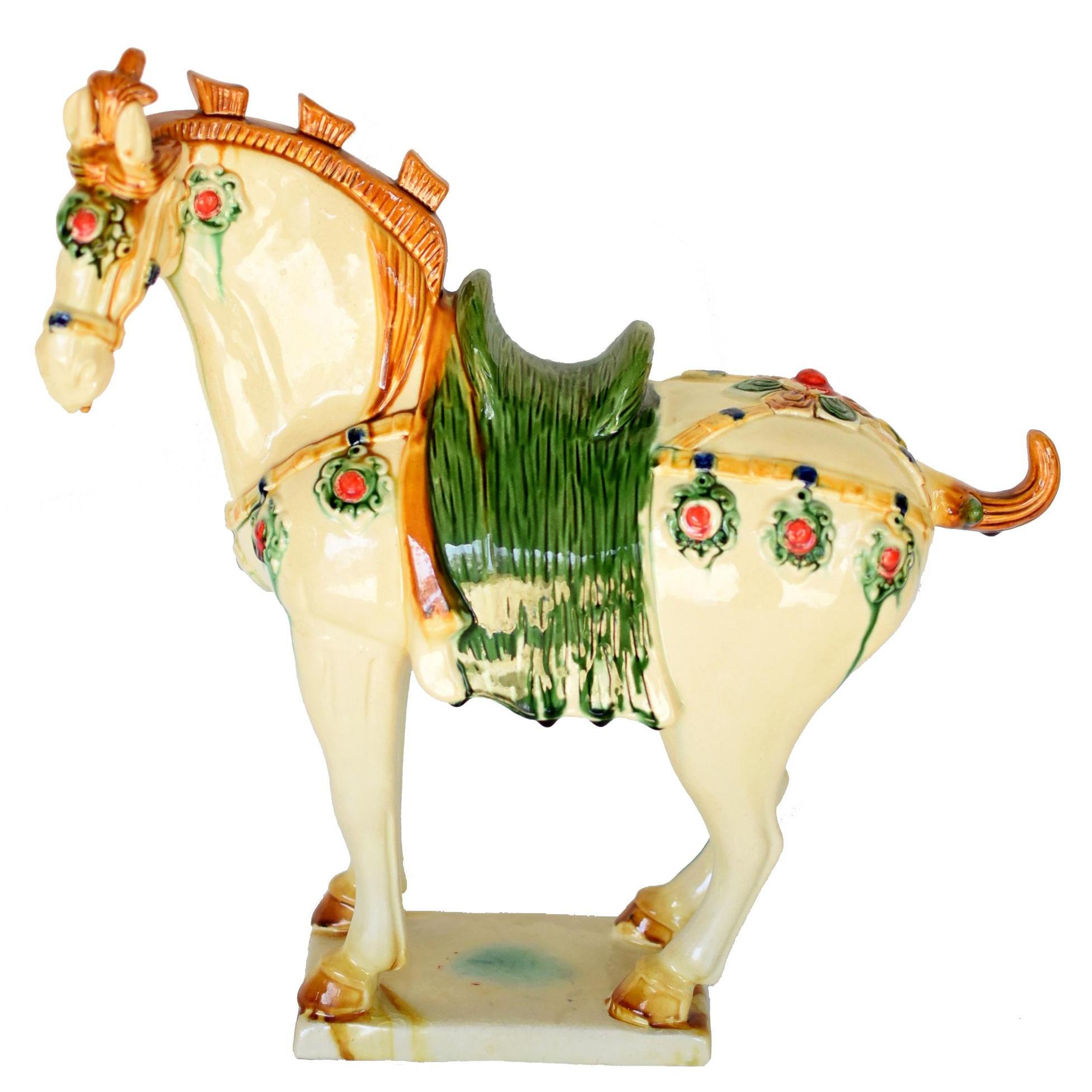 Large White Chinese Pottery Horse with Ruby Colored Studs