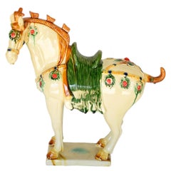 Large White Chinese Pottery Horse with Ruby Colored Studs
