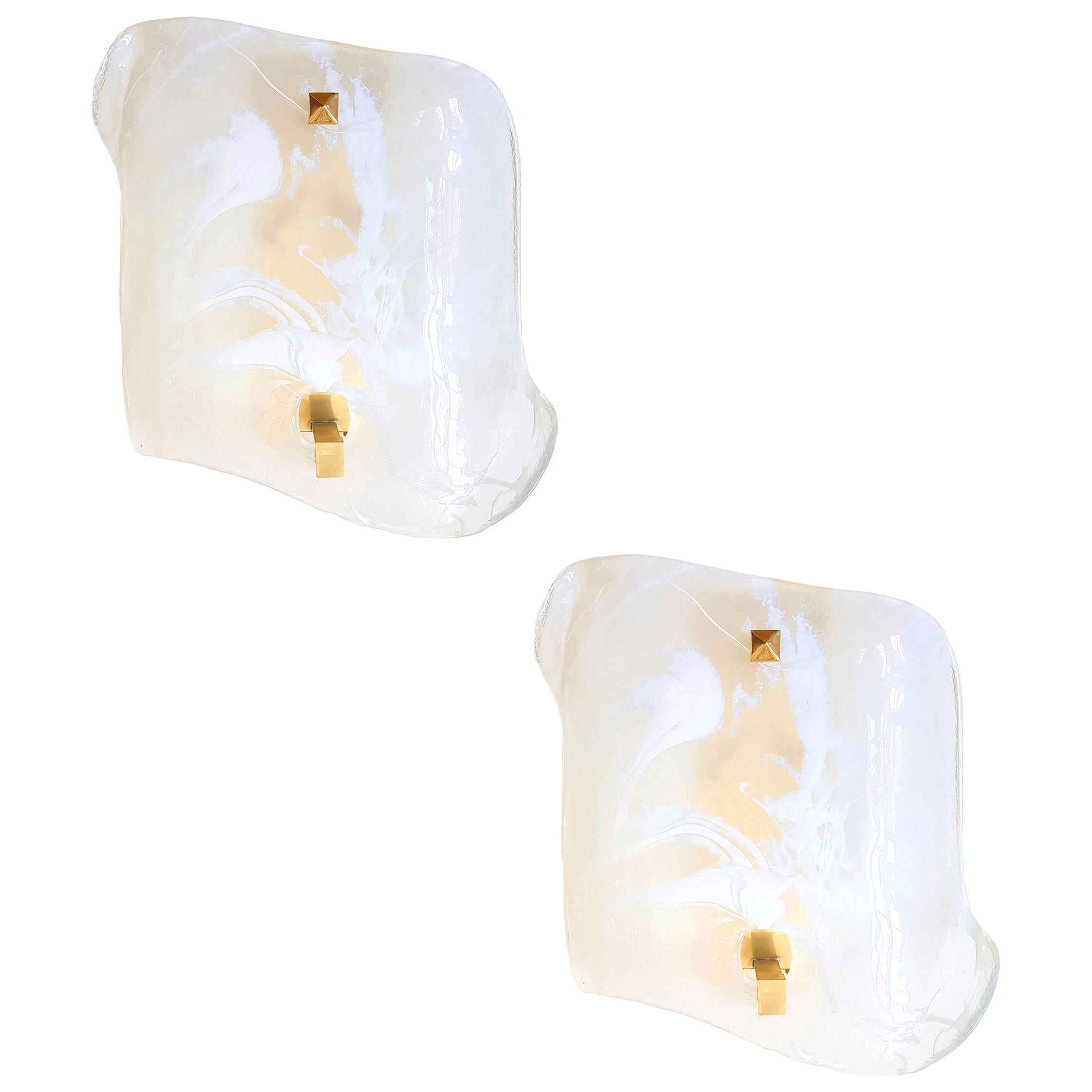 Large White/Clear Murano Glass & Brass Mid-Century Modern Square Sconces, 1960s