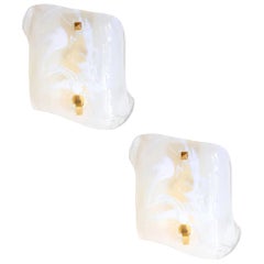 Large White/Clear Murano Glass & Brass Mid-Century Modern Square Sconces, 1960s