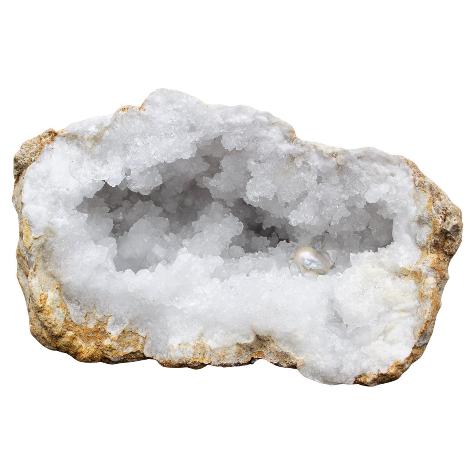 Large White Crystal Geode with a Natural Baroque Pearl
