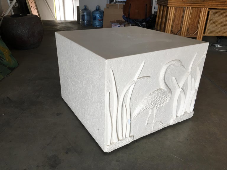 Large Miami vice vapor wave white cube pedestal side table pair with crane relief along the front, circa 1980.