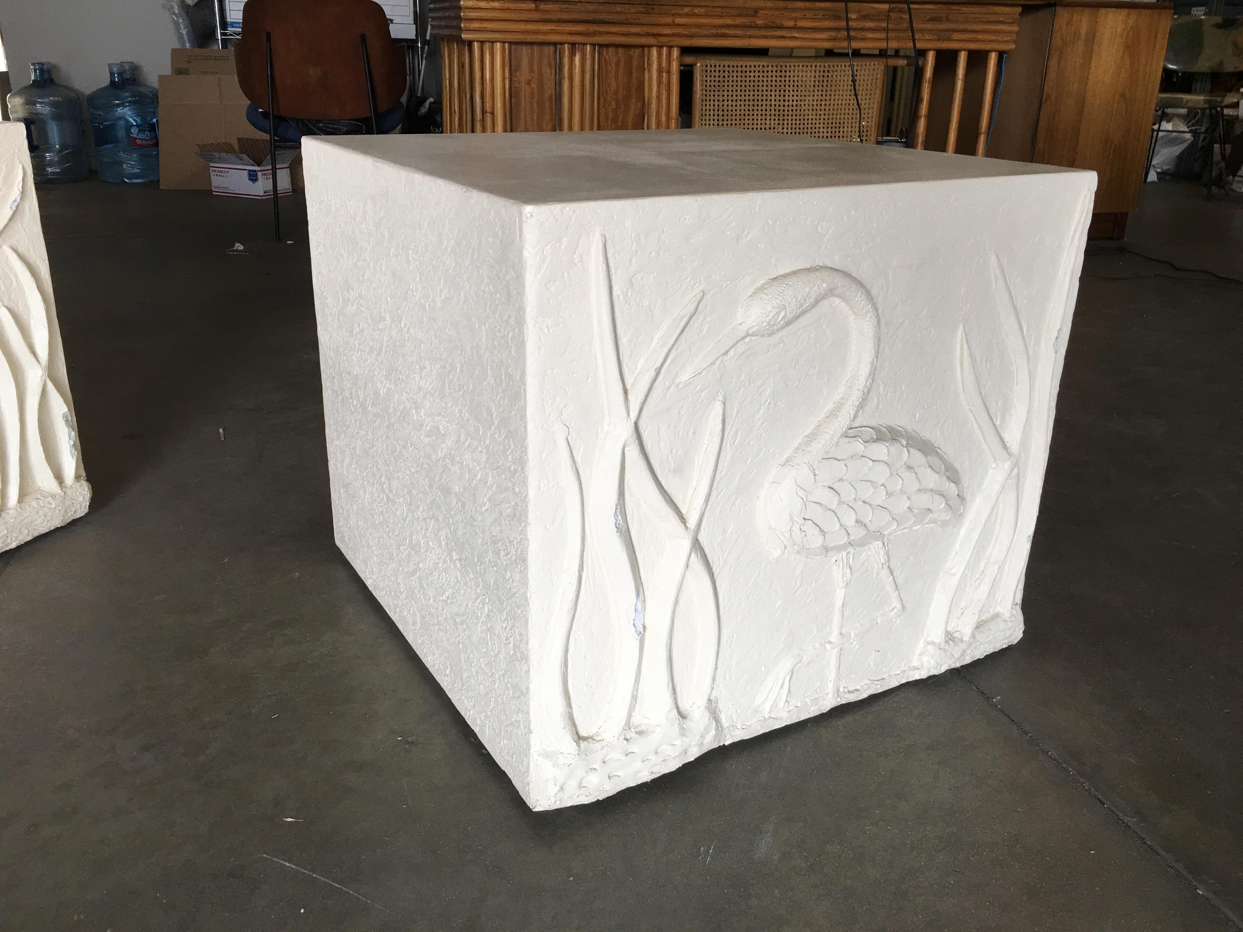 Large White Cube Pedestal Side Tables with Crane Relief, Pair of 1980s In Fair Condition For Sale In Van Nuys, CA