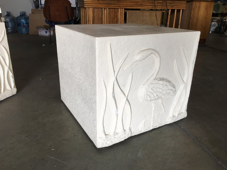 Late 20th Century Large White Cube Pedestal Side Tables with Crane Relief, Pair of 1980s For Sale