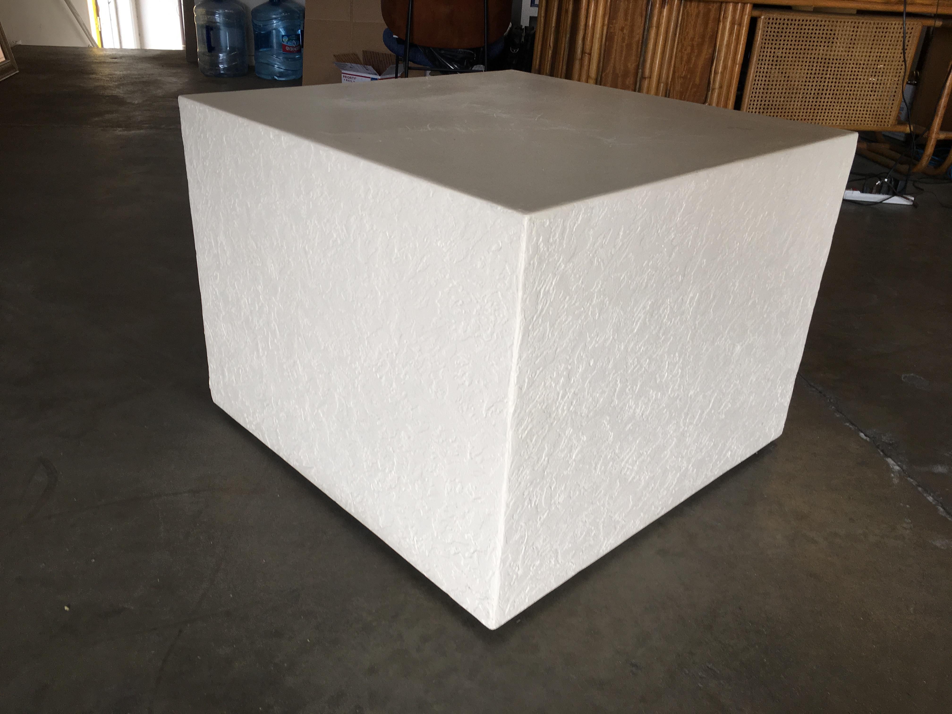 Plaster Large White Cube Pedestal Side Tables with Crane Relief, Pair of 1980s For Sale