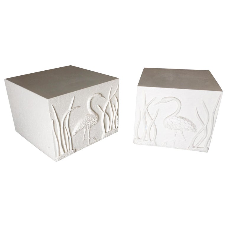 Large White Cube Pedestal Side Tables with Crane Relief, Pair of 1980s For Sale
