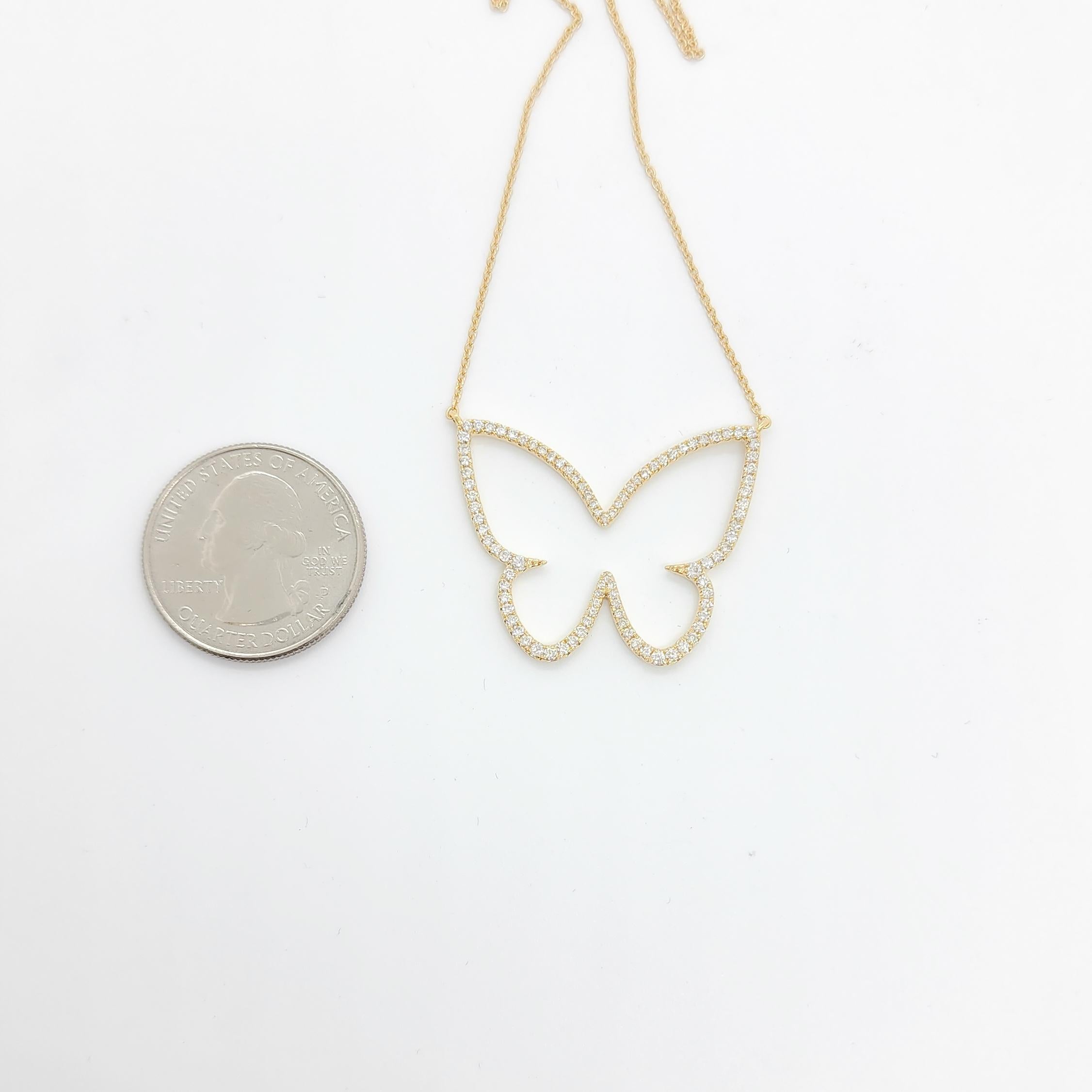Women's or Men's Large White Diamond Butterfly Pendant in 18k Yellow Gold