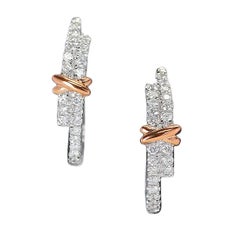 Large White Diamond Hoop Earrings with a Rose Gold Bow, 14 Karat Gold