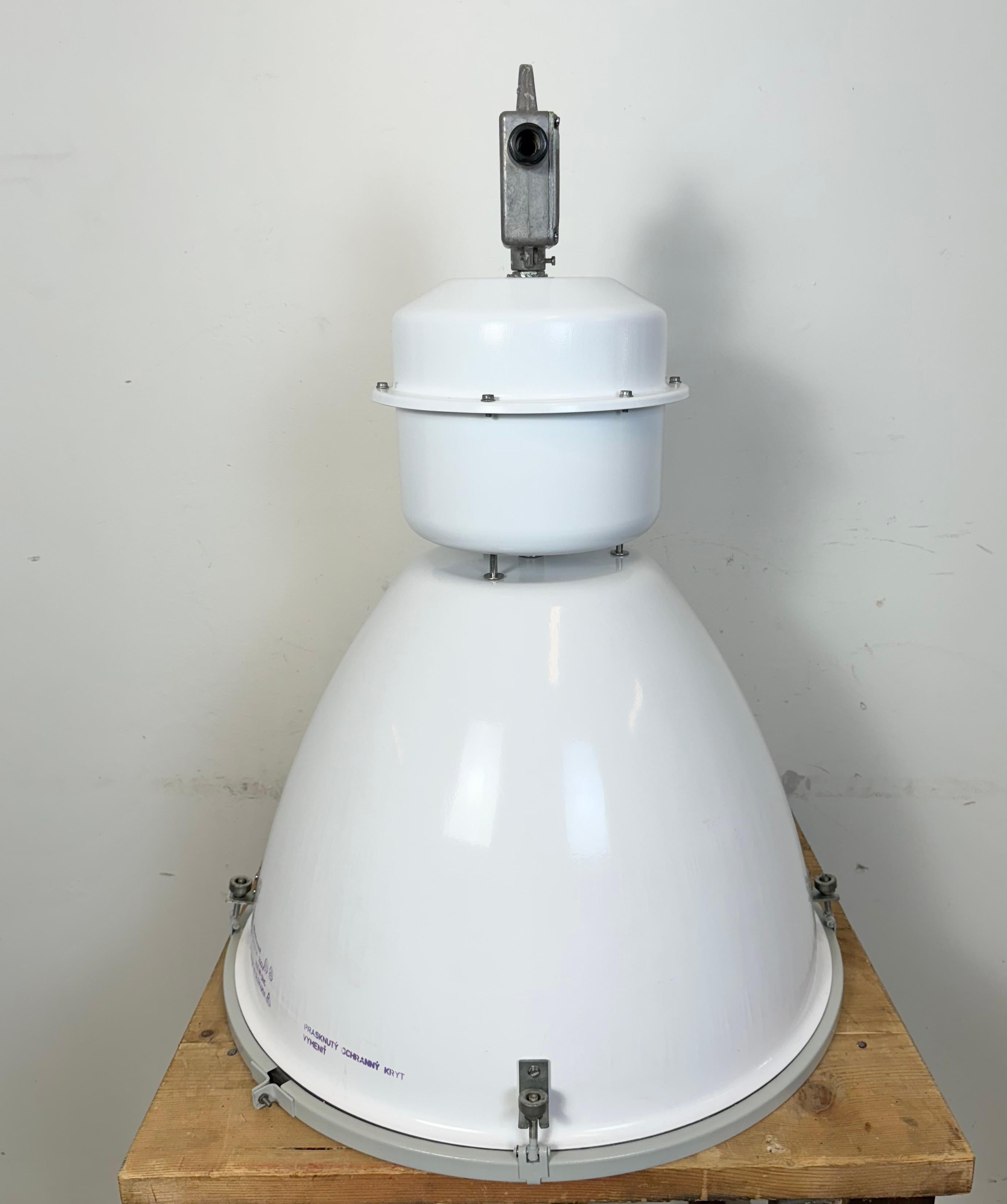 Large White Enamel Industrial Factory Lamp with Glass Cover, 1990s For Sale 5
